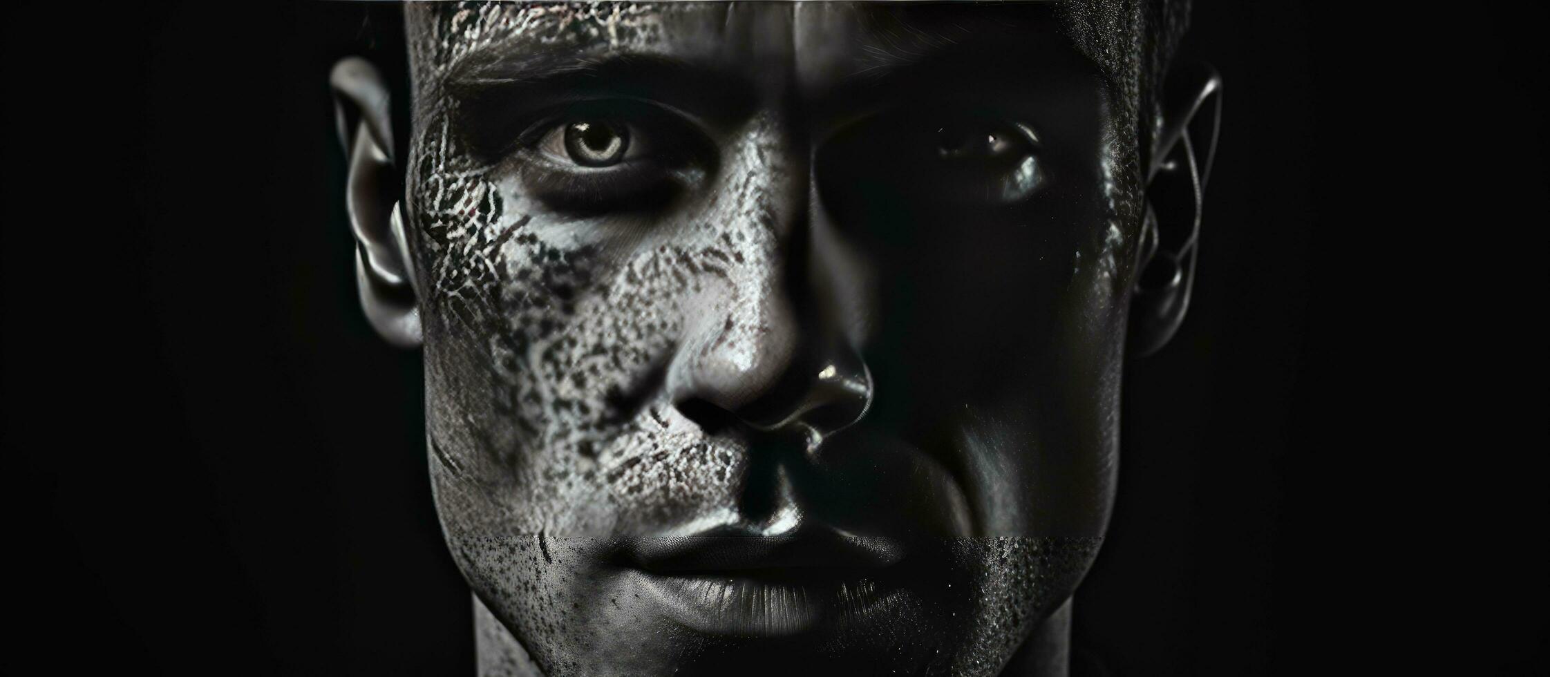 Closeup black and white portrait of a man with acne scars isolated on a black background photo