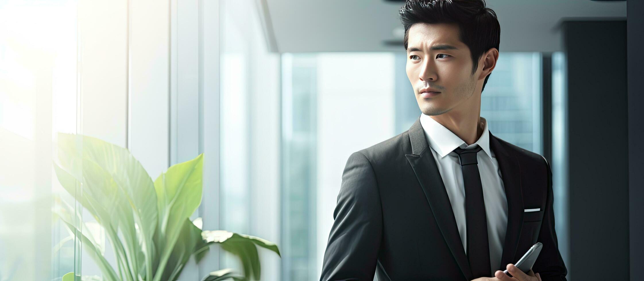 Focused Asian businessman using a tablet working in a modern office setting Handsome Japanese man in a black suit working remotely Technology and work con photo