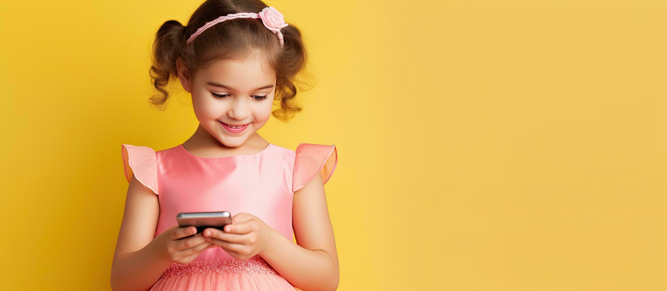 A Caucasian girl in a pink dress on a yellow background is using a mobile phone to type an SMS message photo