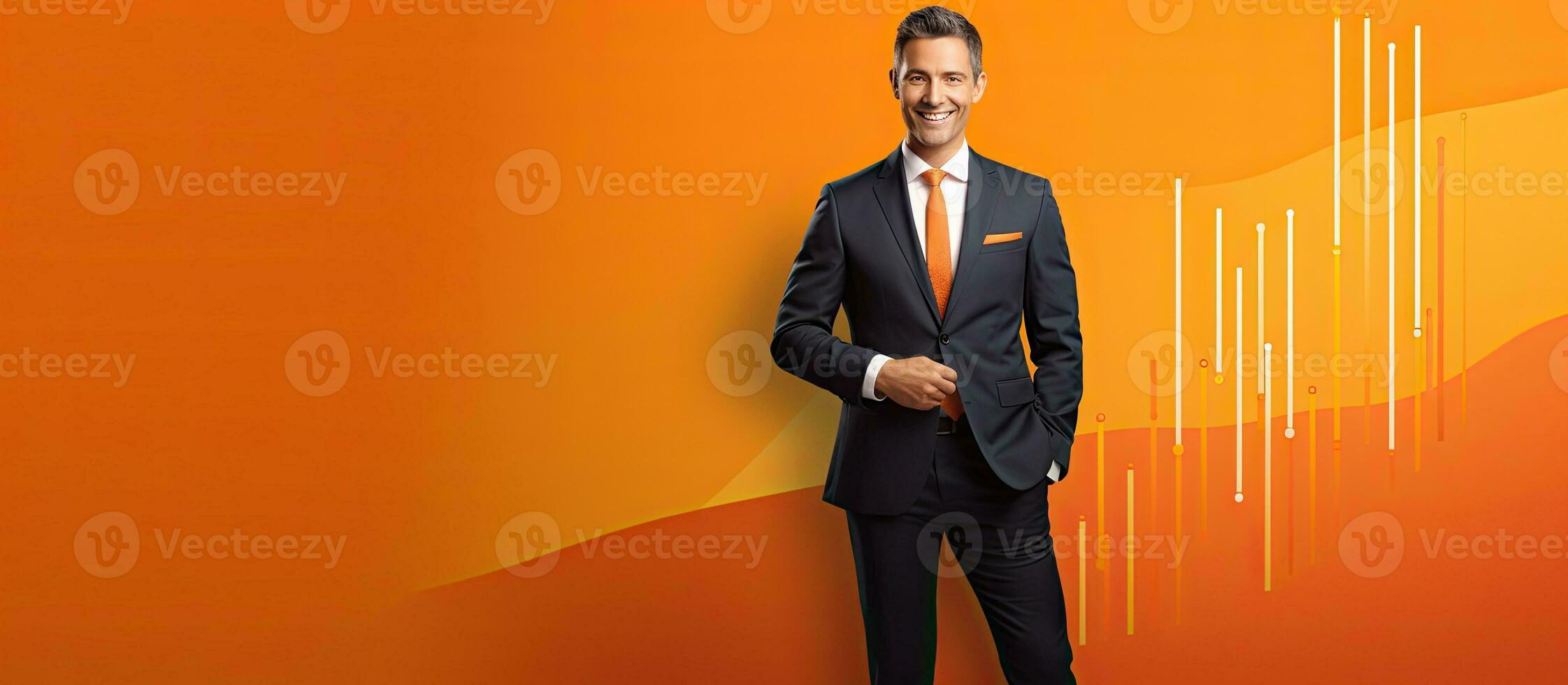 Colorful graph and candlestick icons on empty copy space orange background depicting finance investment and profit complement a smiling businessman with h photo