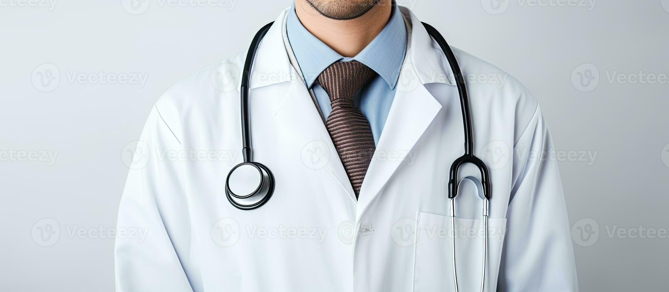Doctor wearing white coat and glasses looking into camera on isolated white background space for text health photo
