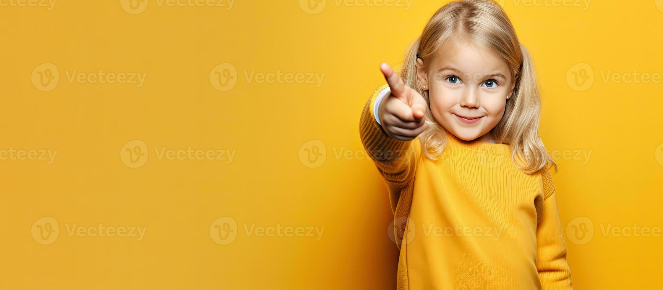 Blonde child pointing at empty space for advertising social media promotion and proposal announcement photo