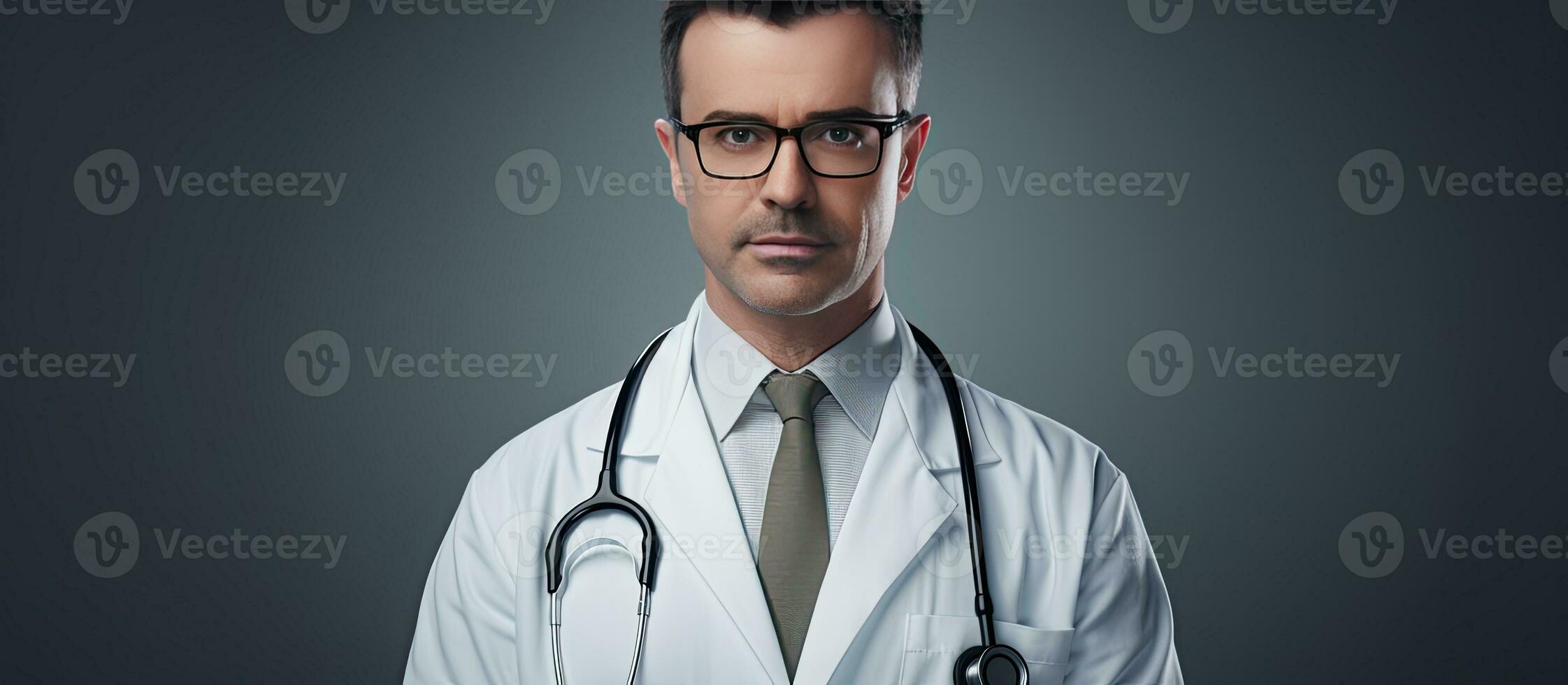 Serious doctor in white coat and glasses looking at camera on isolated gray background space for health text photo