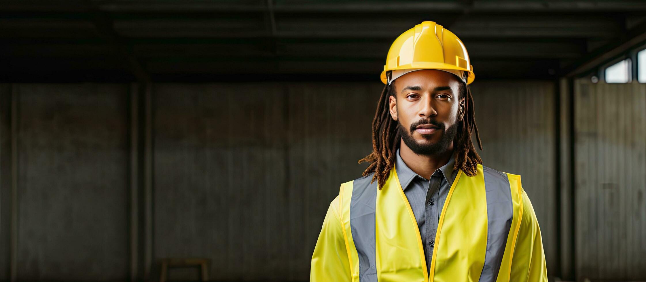 Serious African male engineer with beard and dreadlocks wearing safety gear standing for portrait outdoors copy space available photo