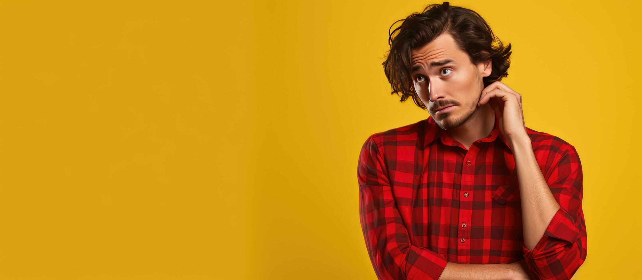 Sad and thoughtful Caucasian man in red checkered shirt gazing at empty area against yellow background photo