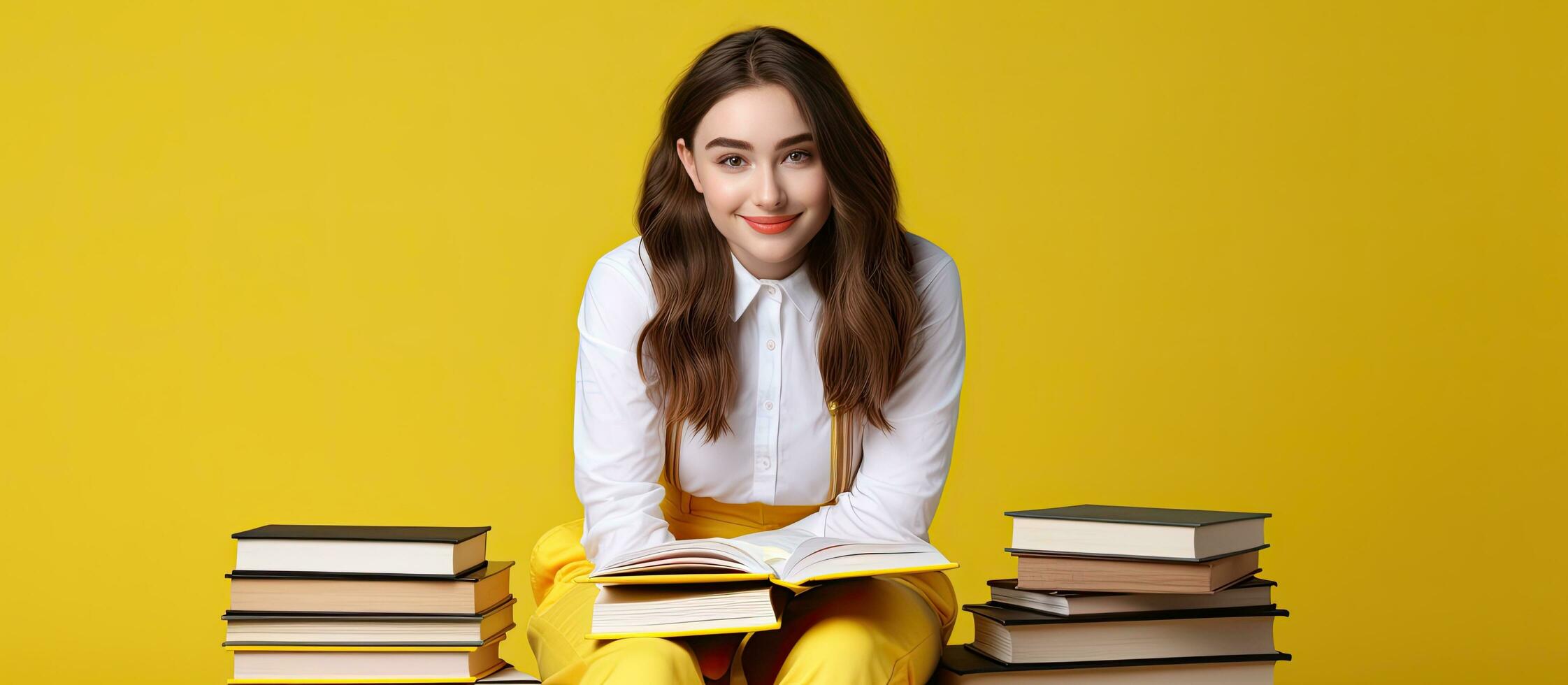 Bookish female student posing alone against yellow backdrop with room to add text photo
