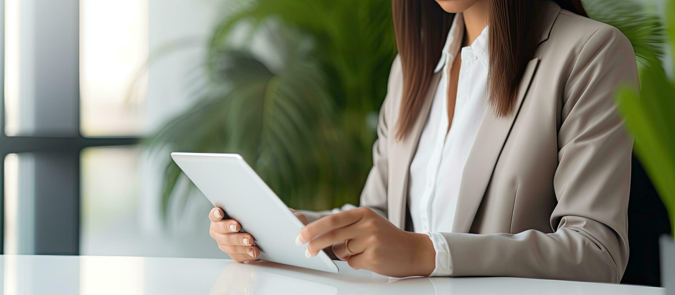 A Caucasian female entrepreneur or secretary using a digital tablet at her office desk for online search wearing a shirt photo