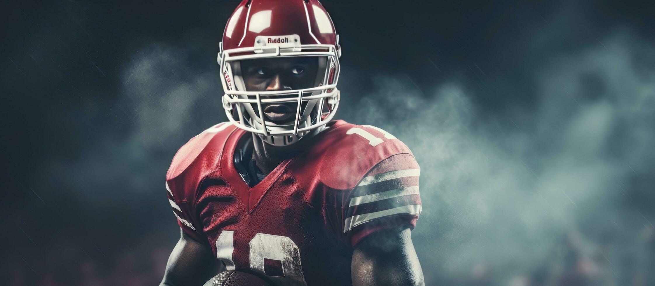 Junior American football player in game day attire Magazine template for American football with empty space Web design mockup for sports site photo