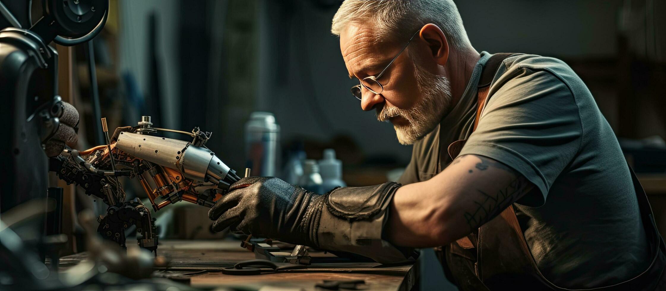 Senior man building arm prosthetics measuring parts in workshop photo
