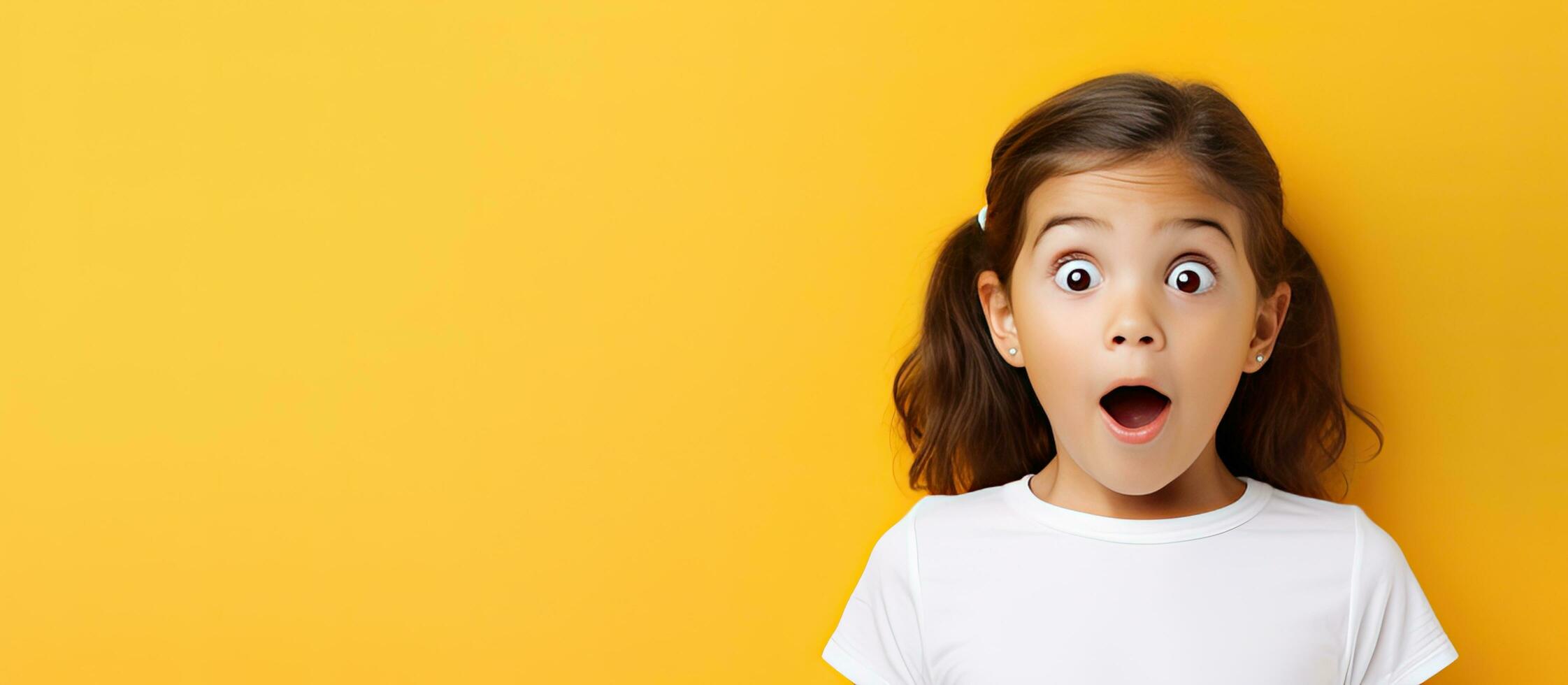 linda caucásico niña en un blanco camisa en un amarillo antecedentes mirando a anuncios foto