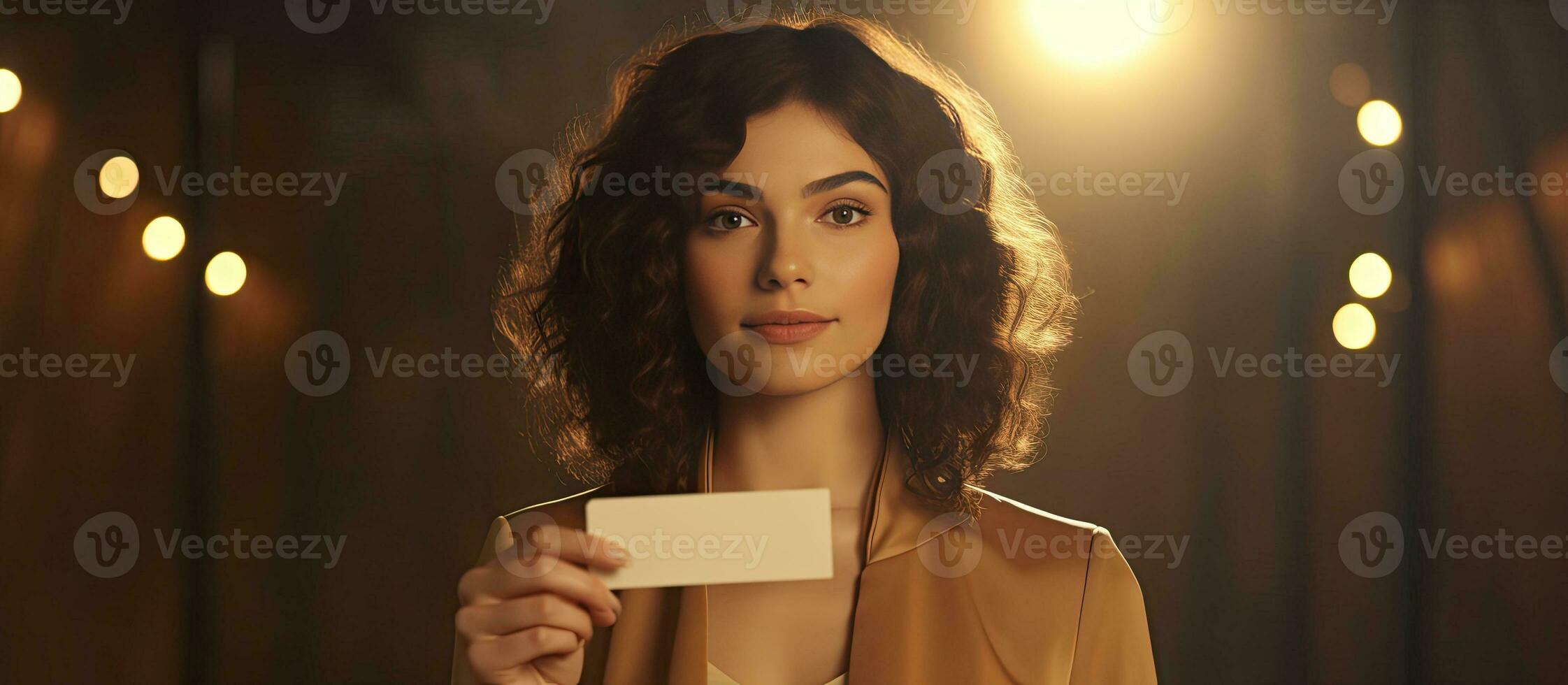 Woman holding event ID card contemplating looking at empty area photo