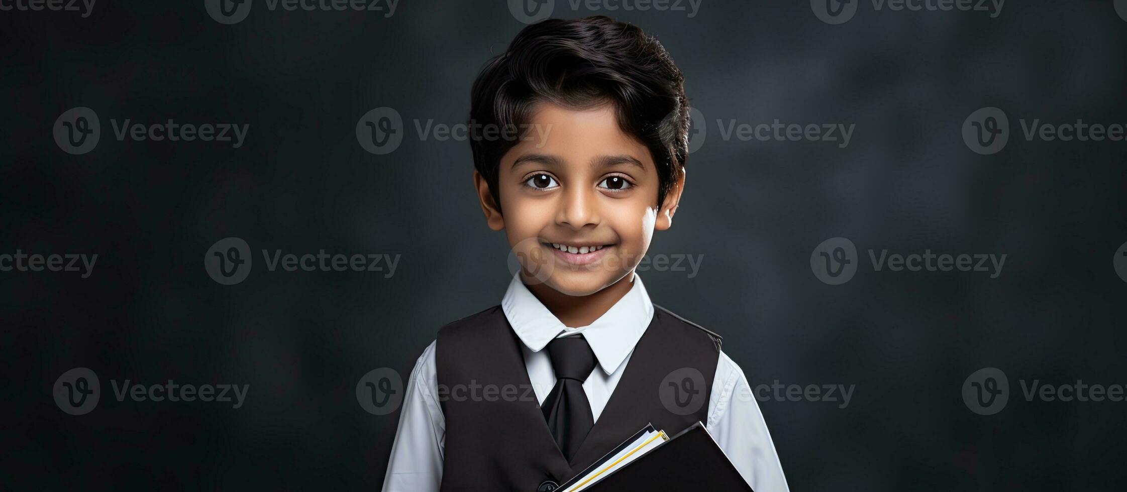 Happy Indian boy wearing school uniform in primary school with a black slate ideal for advertising products or services photo