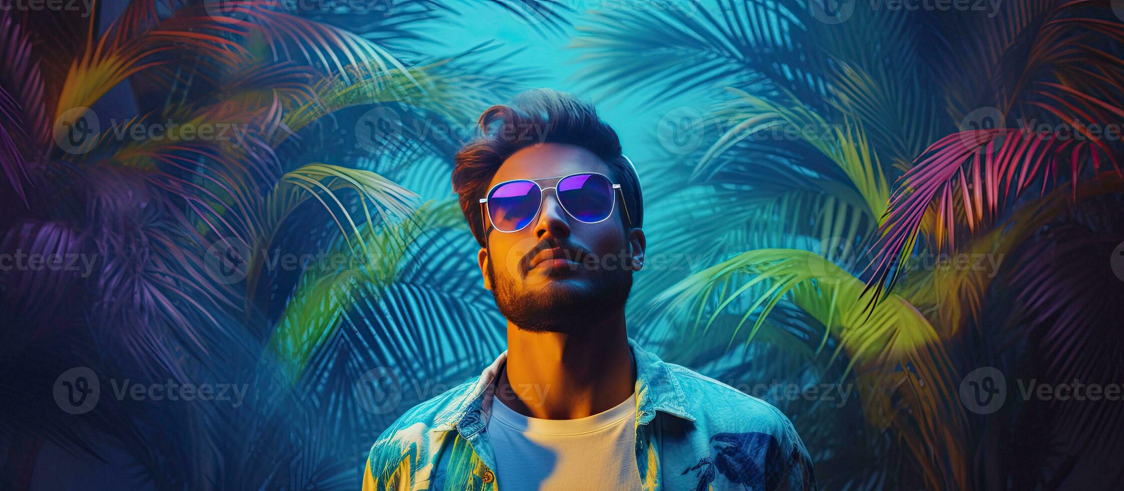 Hipster lifestyle portrait with palm leaves neon lights and copy space photo