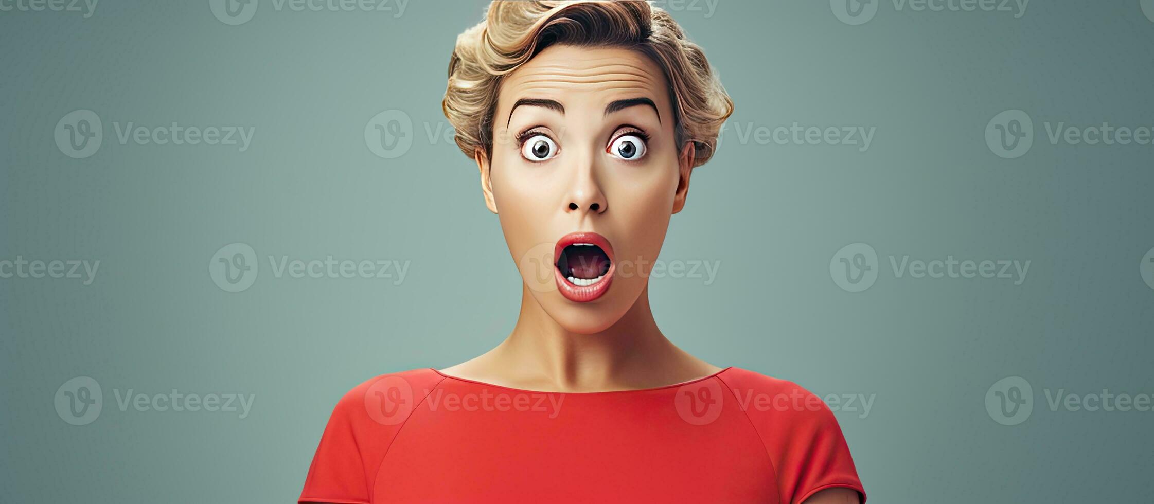 Short haired Caucasian woman holding a copy space looking shocked and amazed photo