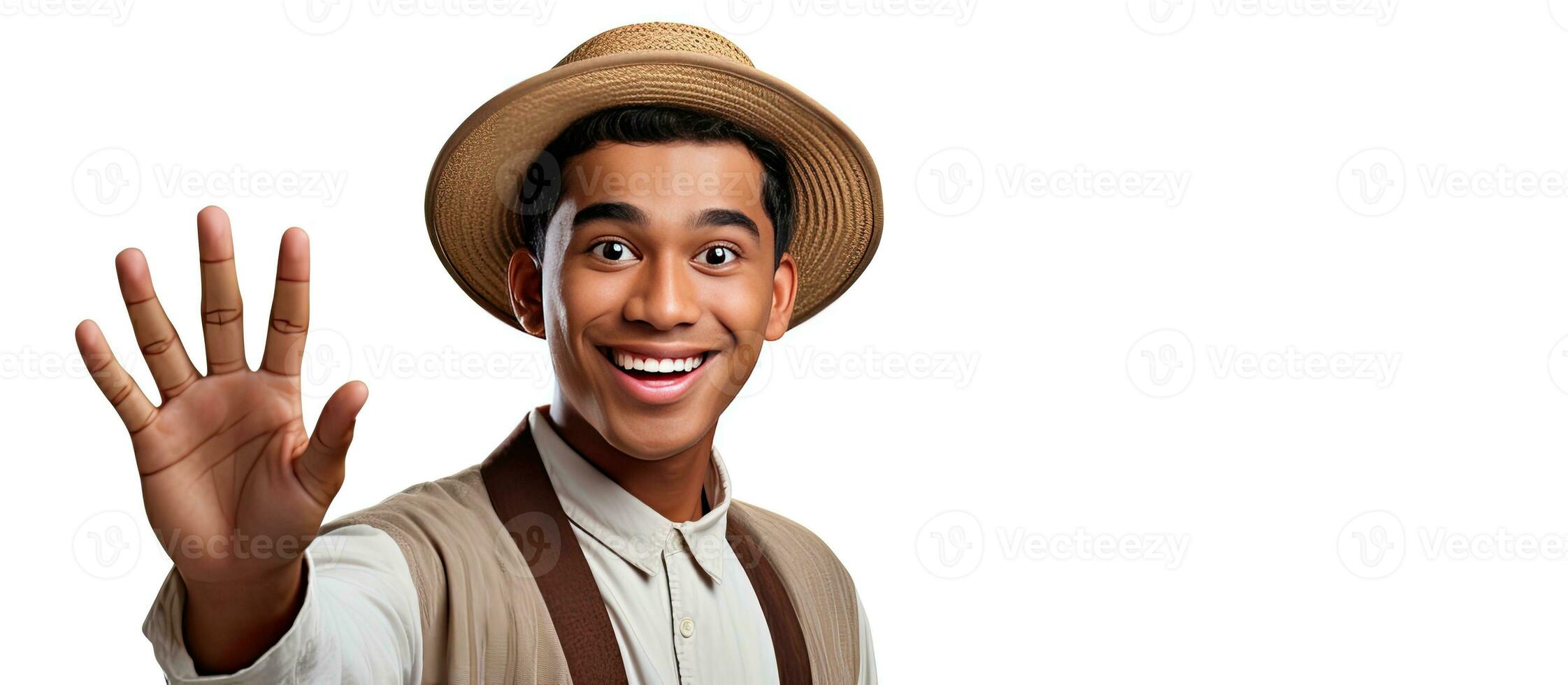 A joyful young Indonesian man wearing traditional headwear is happily greeting with open arms on a white background photo
