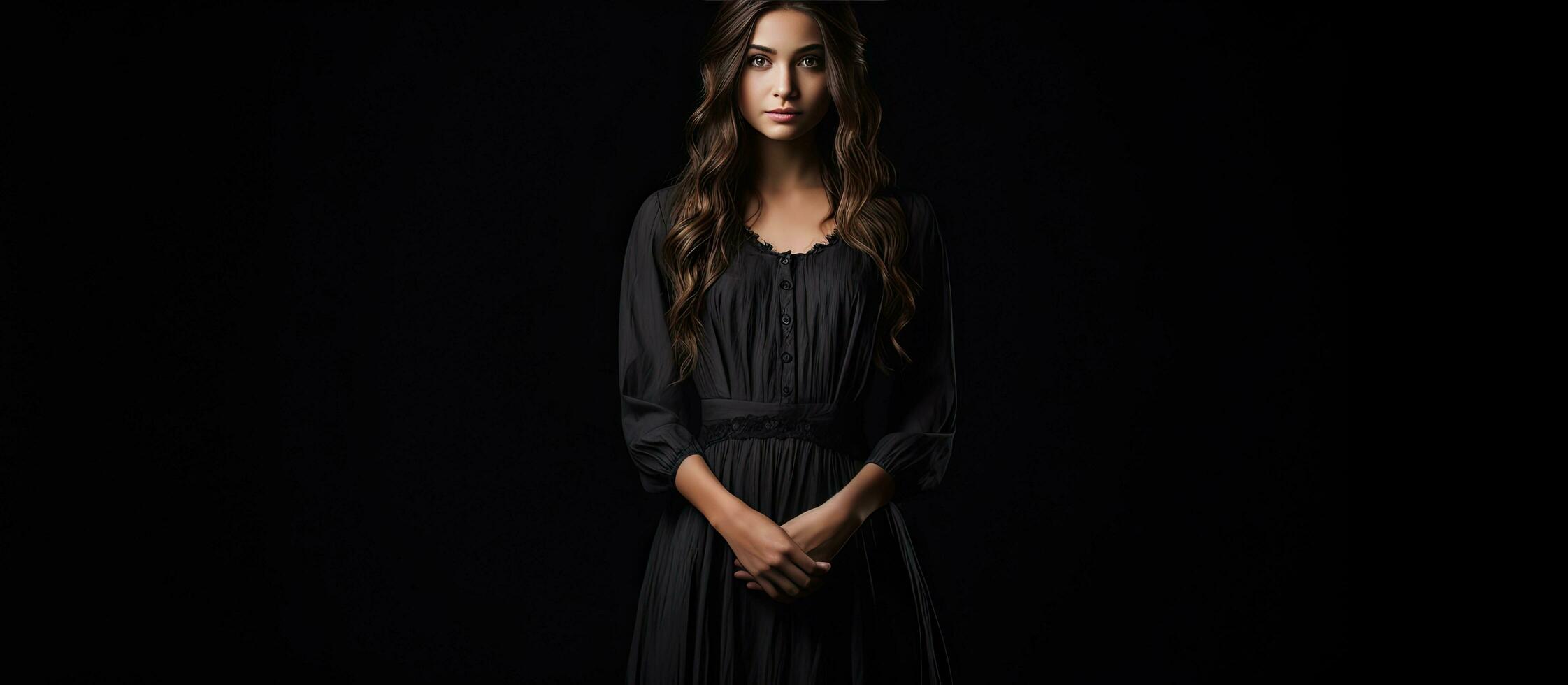 A serious young woman in a black dress confidently poses for a photo