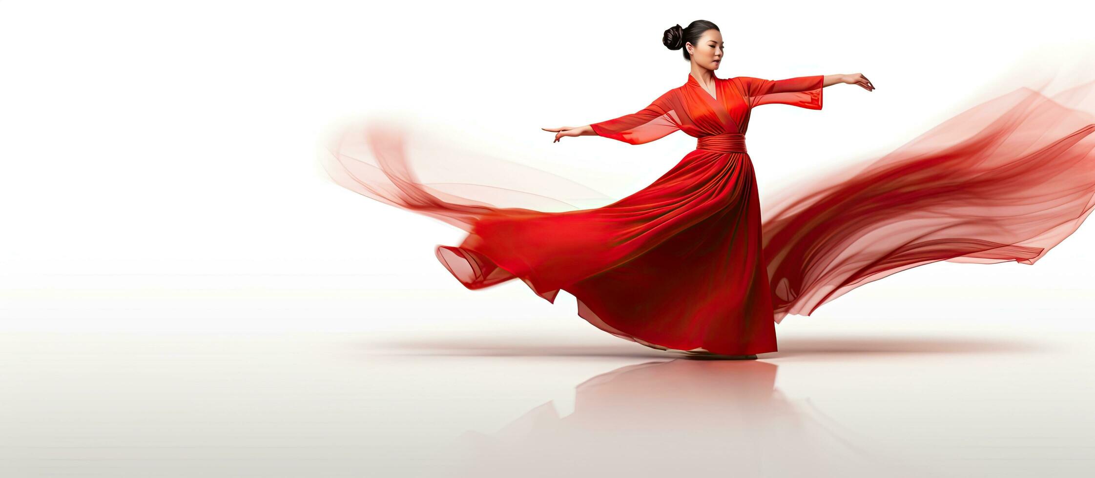Asian woman performing choreography on white background photo