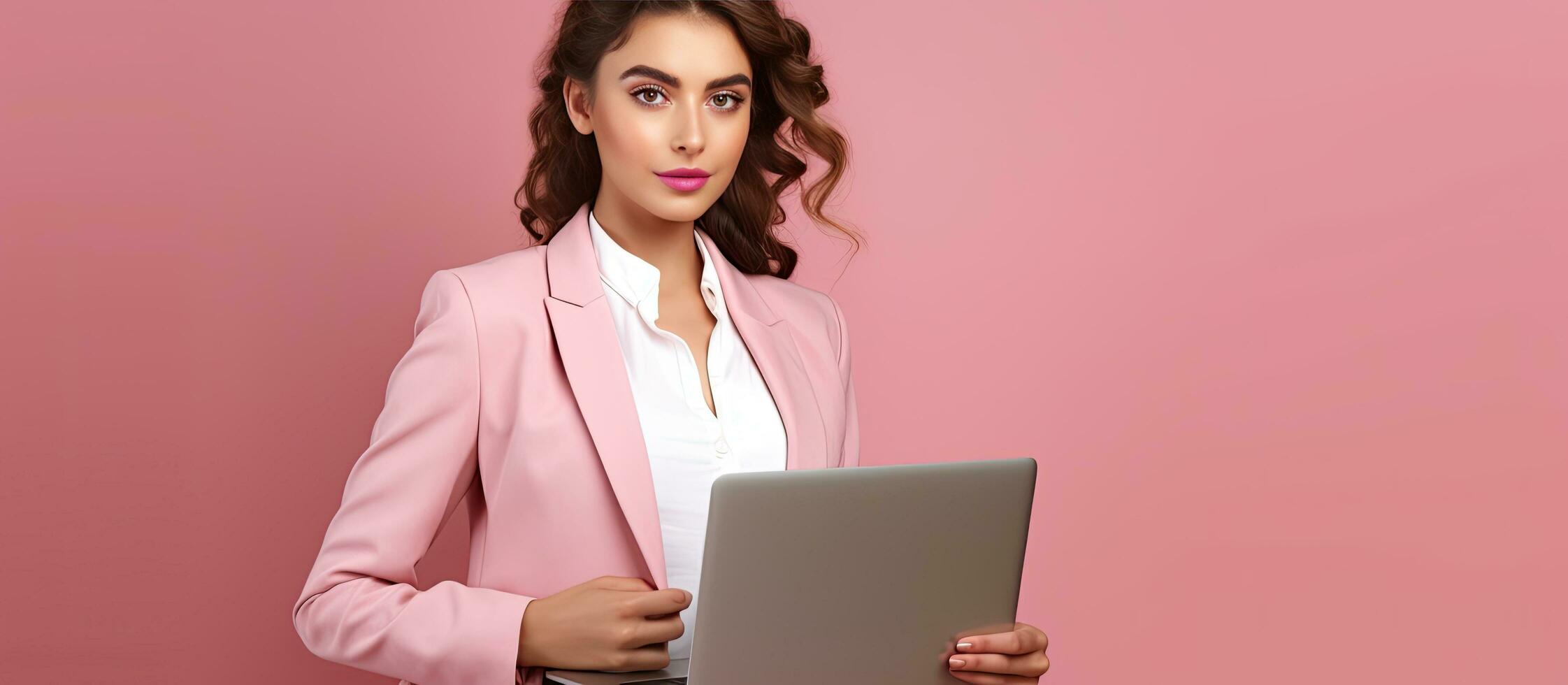 Young Caucasian businesswoman holding laptop and pointing finger to computer standing over pink background wearing pink formal jacket photo