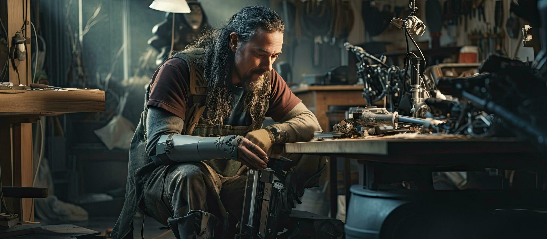 Senior craftsman building leg prosthetics in workshop and screwing joints viewed from the side photo
