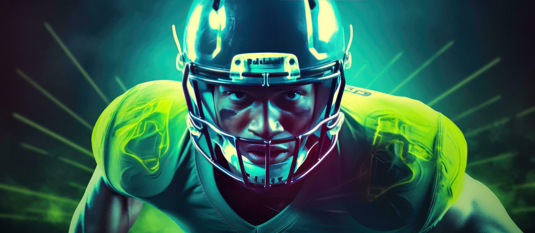 Neon colored banner with copy space for bookmaker ads featuring an American football player Ideal for betting advertisements Includes sports betting footb photo
