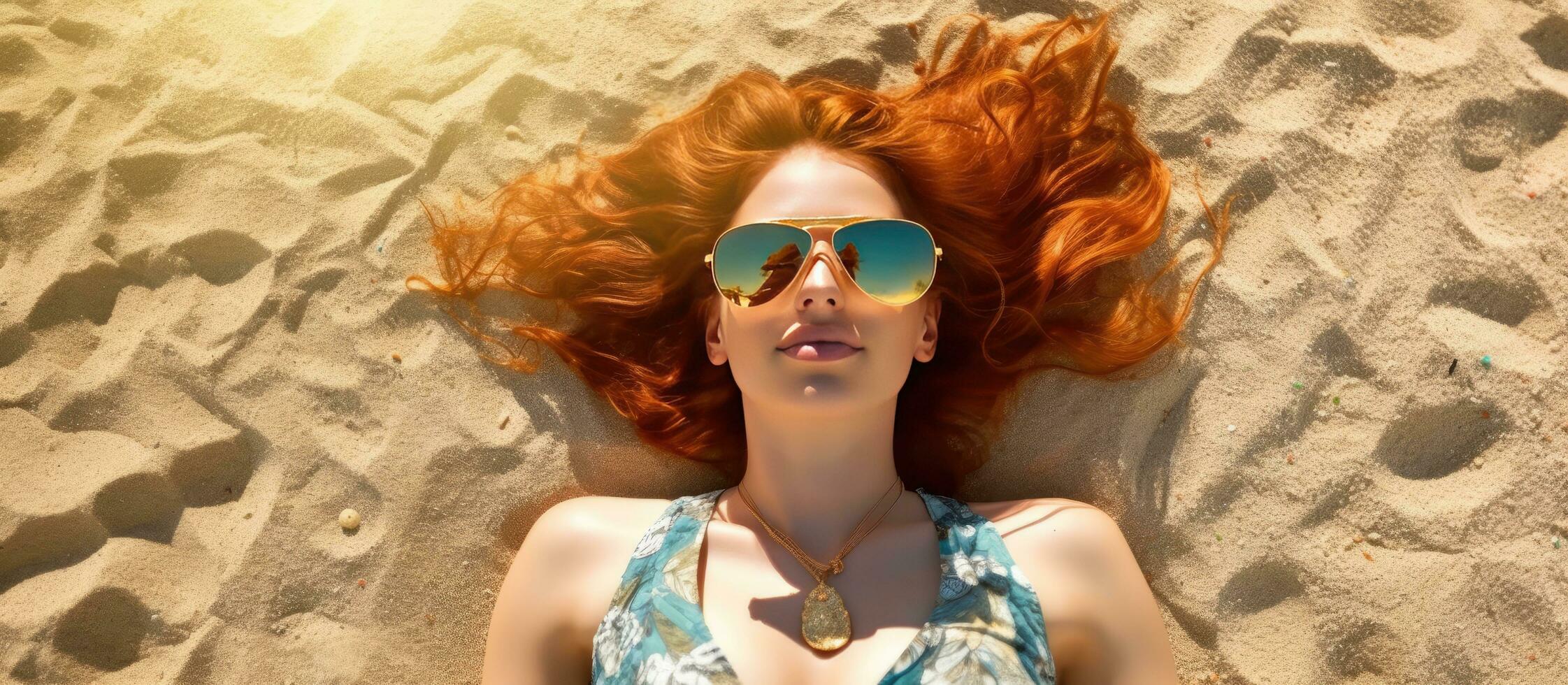 Beautiful redhead woman in bikini lying on sandy beach shading eyes with hands photo