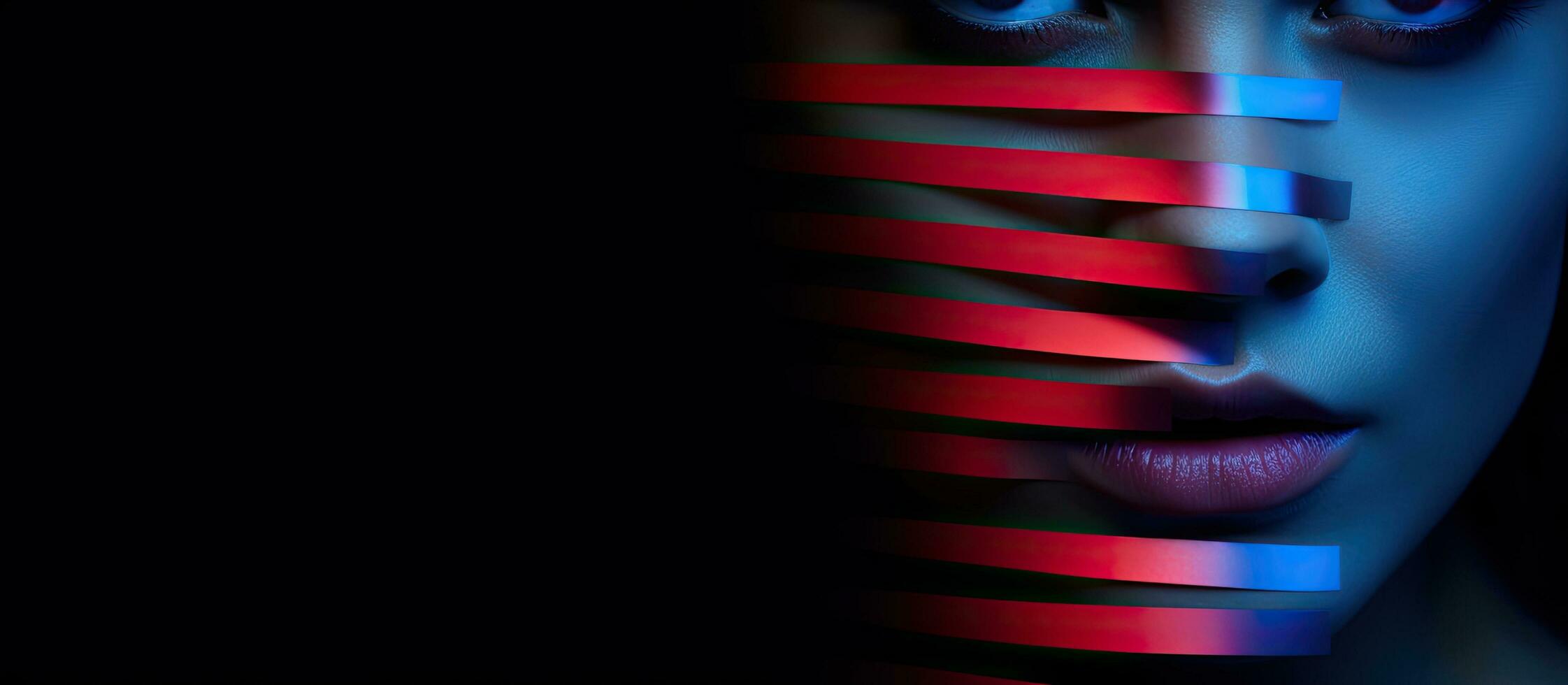 Violence against women depicted in glitchy portrait on dark background photo