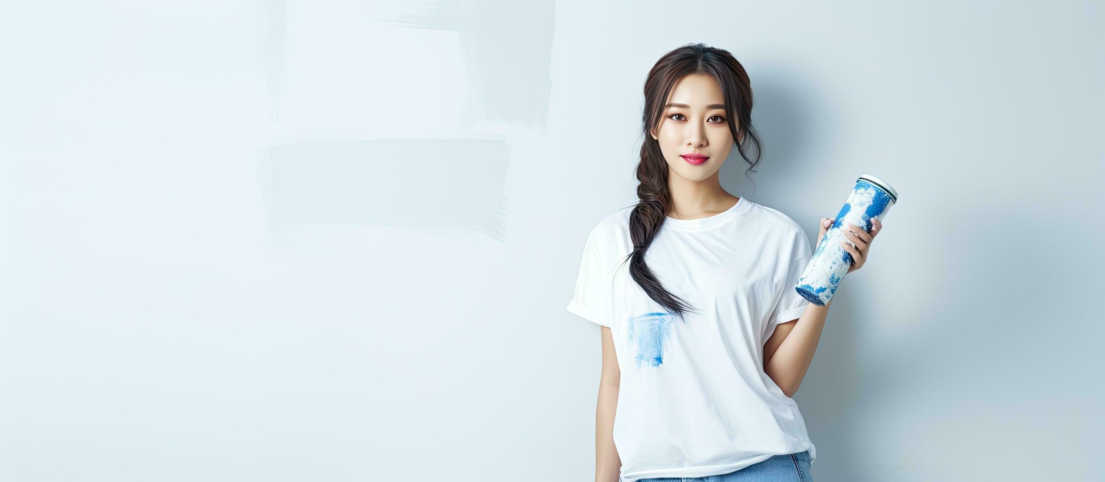 Confident Asian woman pointing proudly at shirt copy space while holding a paint roller DIY theme photo