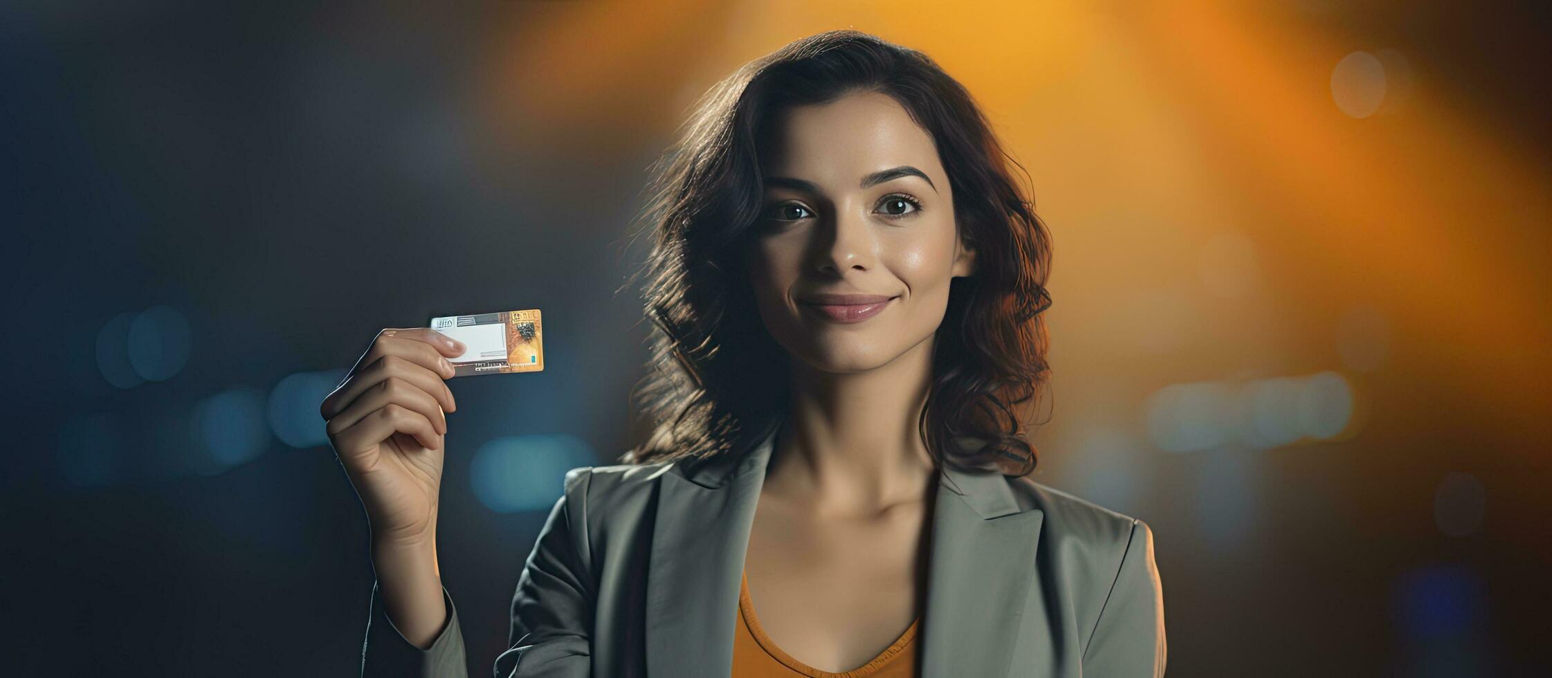 Woman holding event ID card contemplating looking at empty area photo