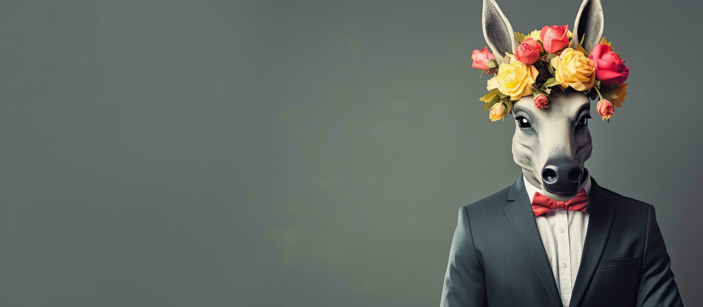 Man in suit wearing donkey mask holding tulips against grey wall backdrop Advertising entertainment fun celebration photo