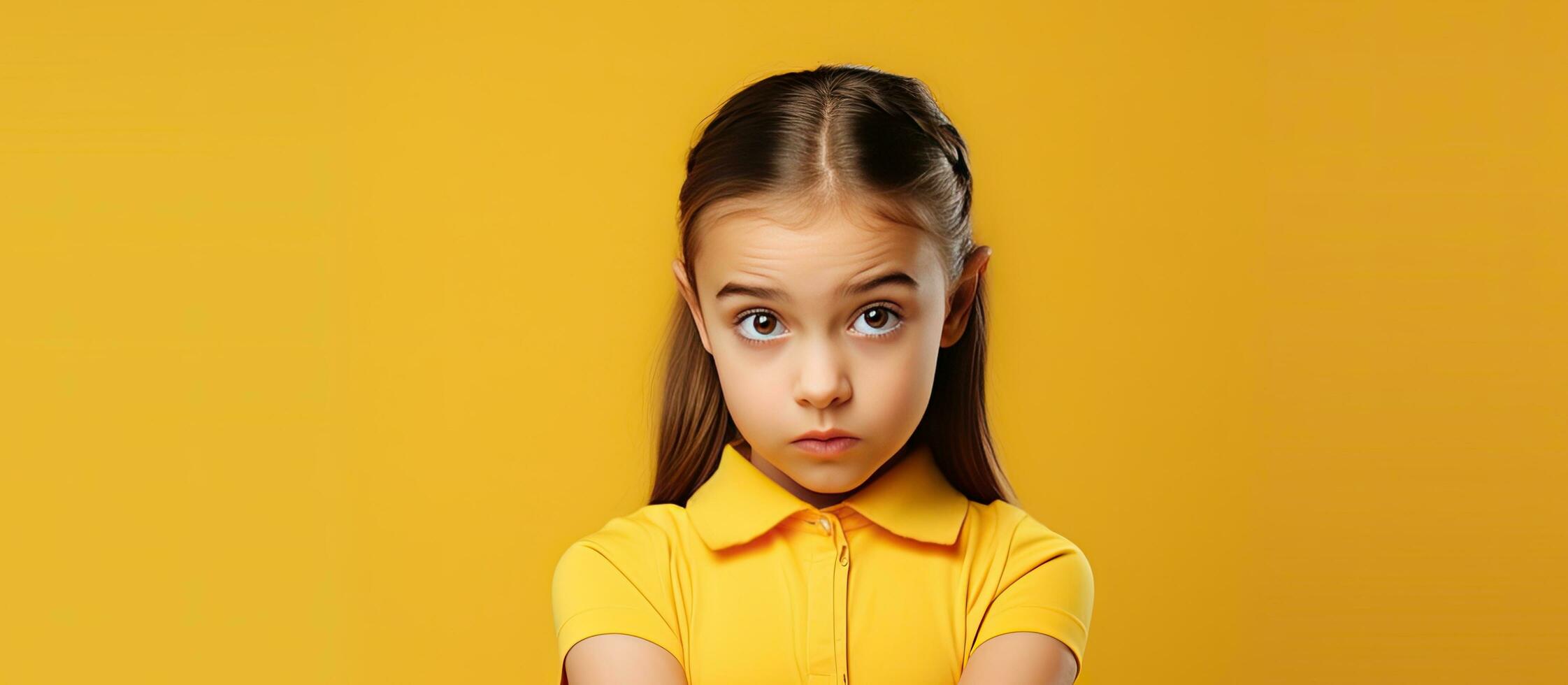 Caucasian girl in yellow dress smirks and points away indicating something unpleasant in advertisement promoting big price concept photo