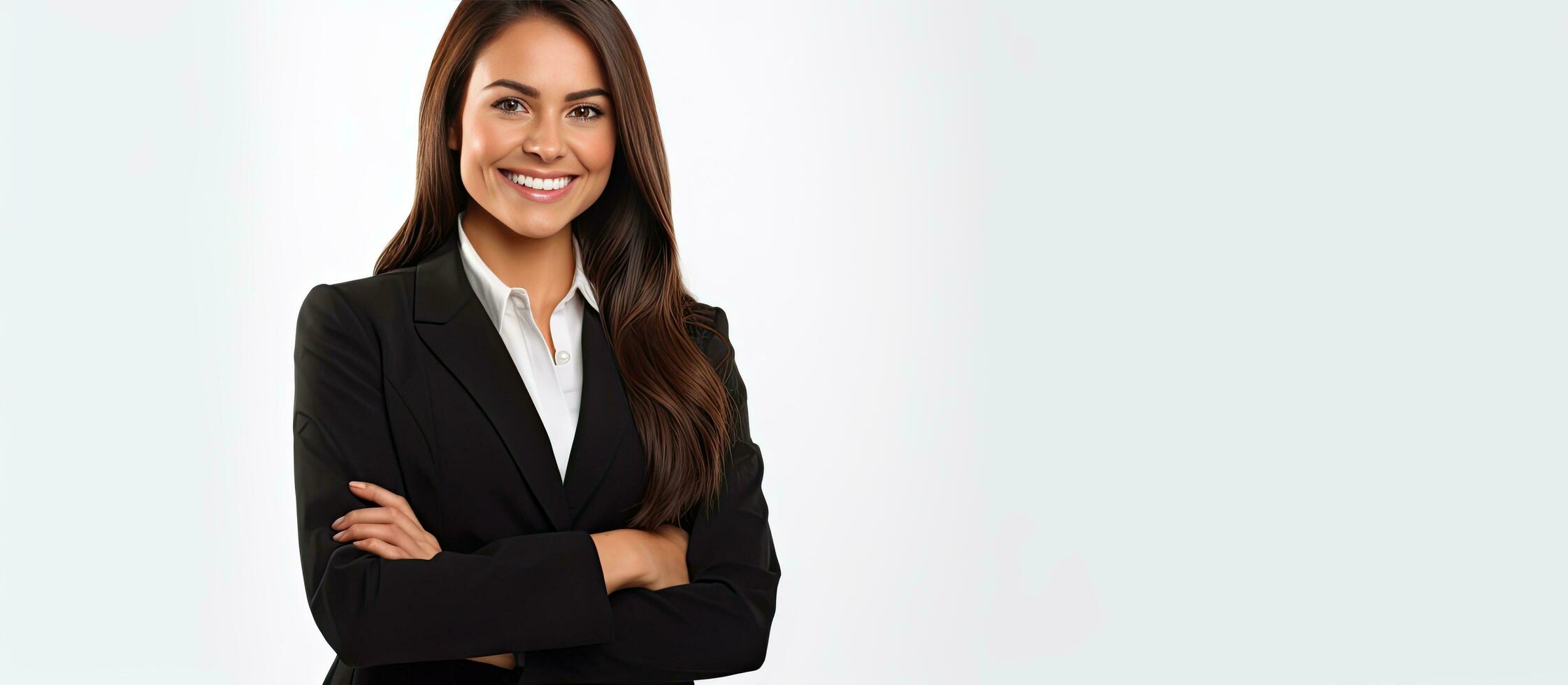 Female manager displaying marketing copy space smiling white background photo