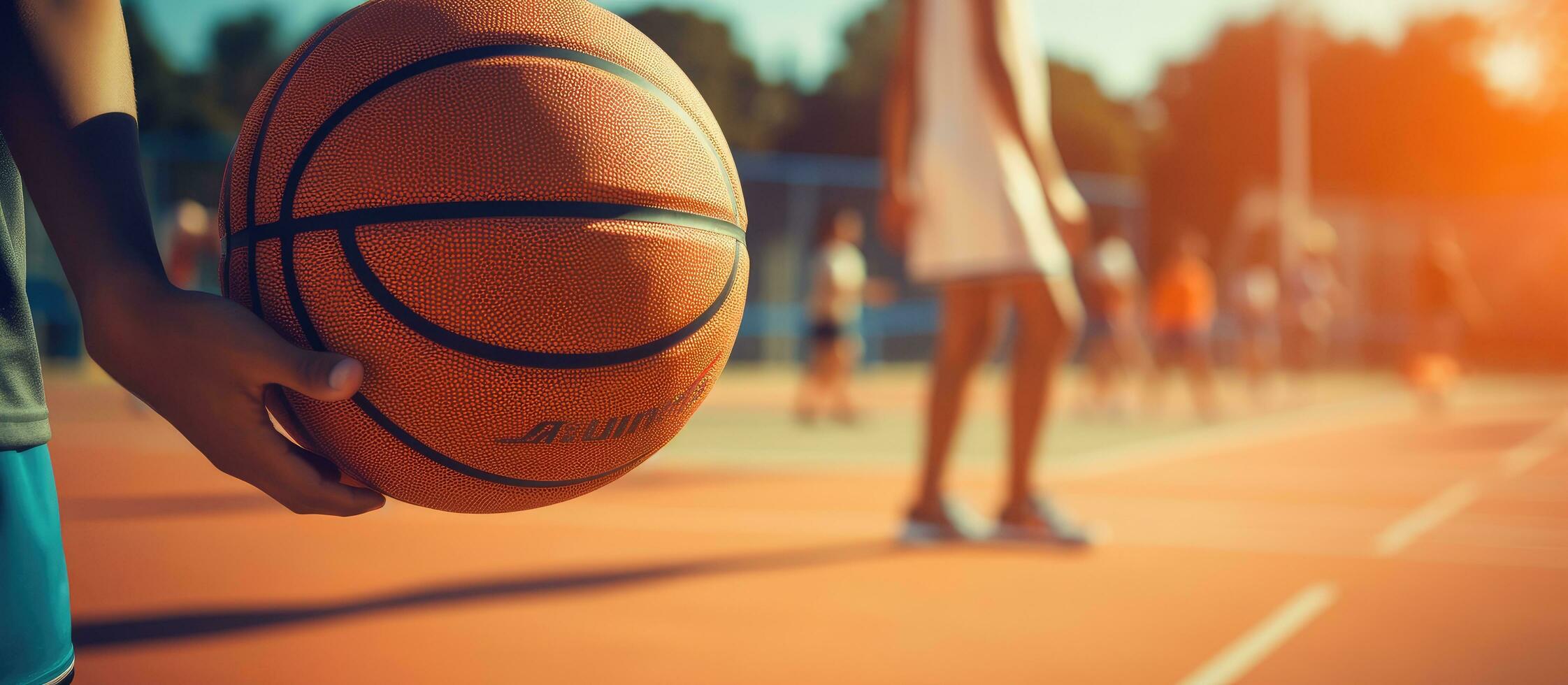 Smiling Caucasian woman basketball player with ball on court blank area Unchanged sport activity and lifestyle photo