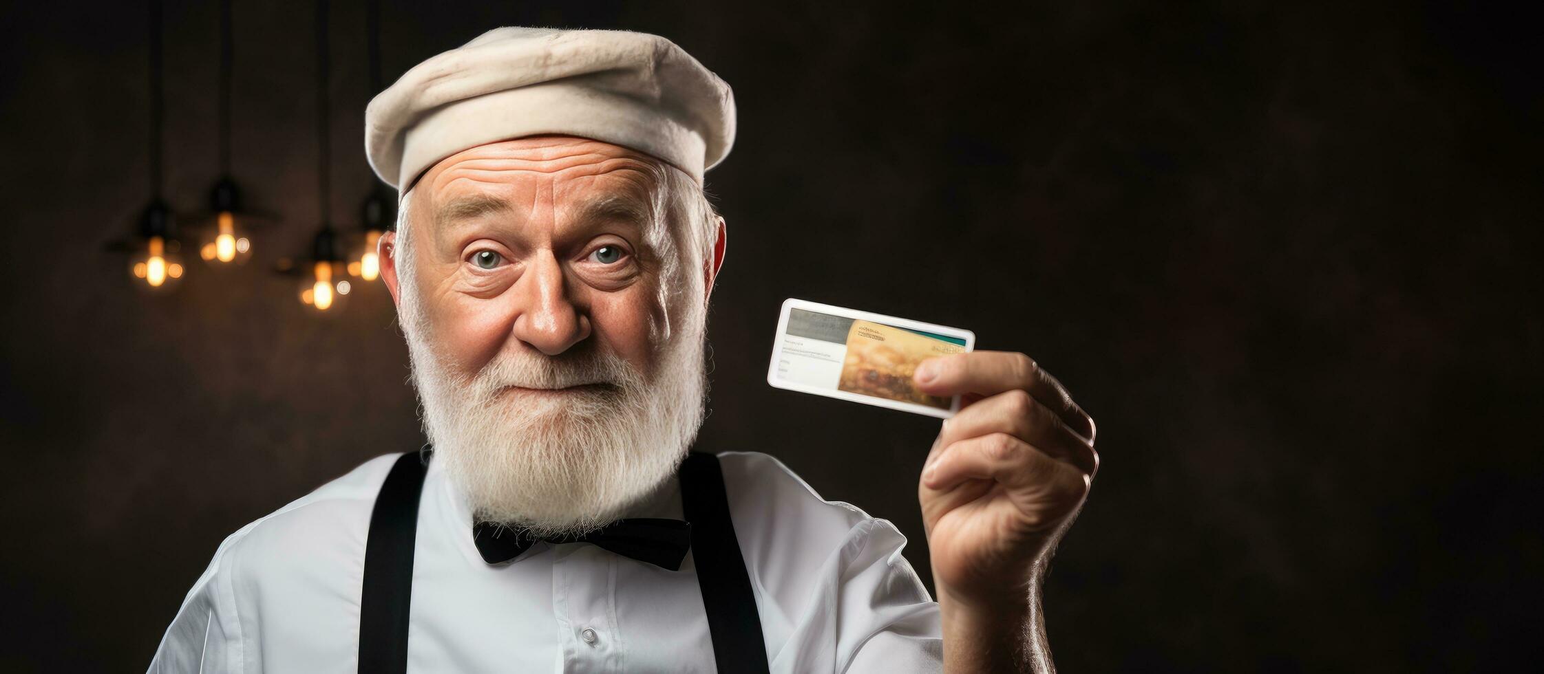 Elderly man in apron points to blank space holding credit card concept of cashless money photo