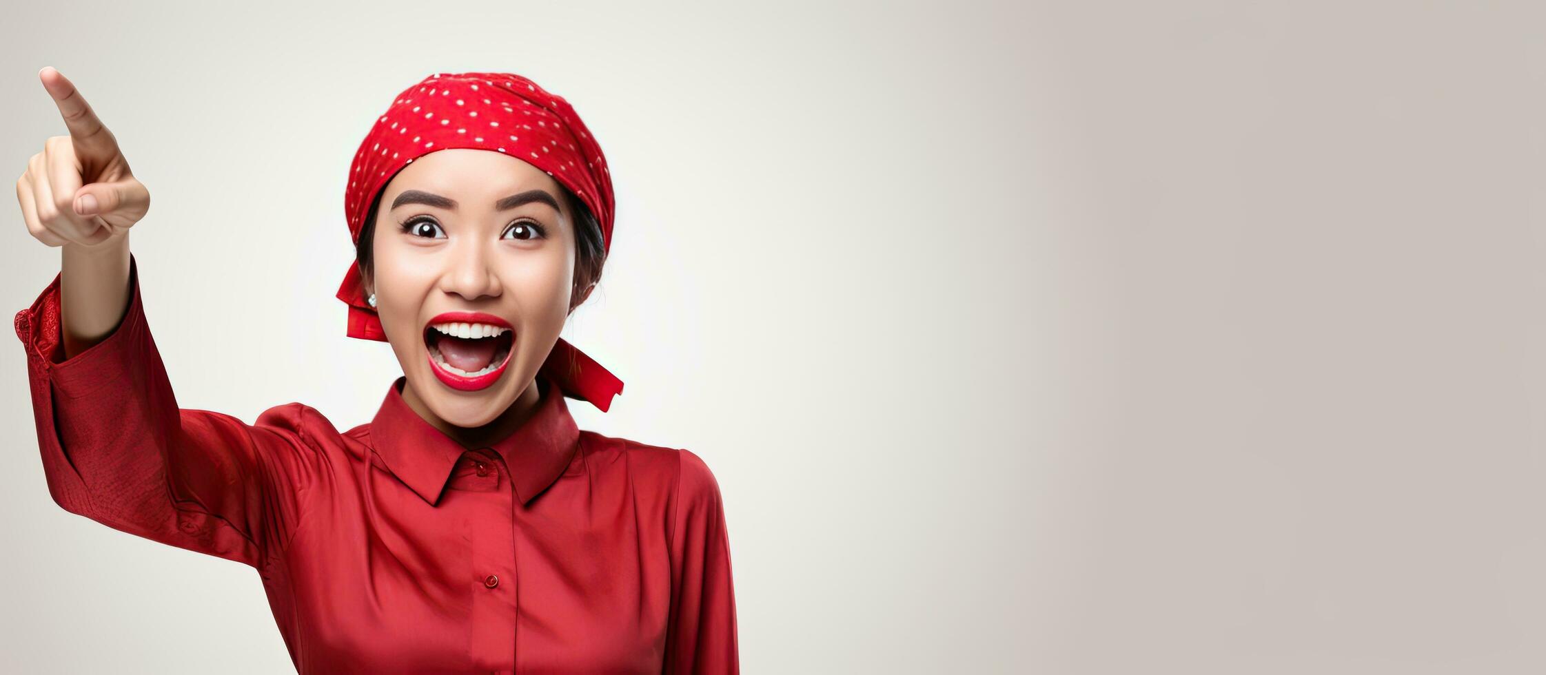 Asian woman in red kebaya and flag headband pointing at empty space above her on white background looking enthusiastic photo