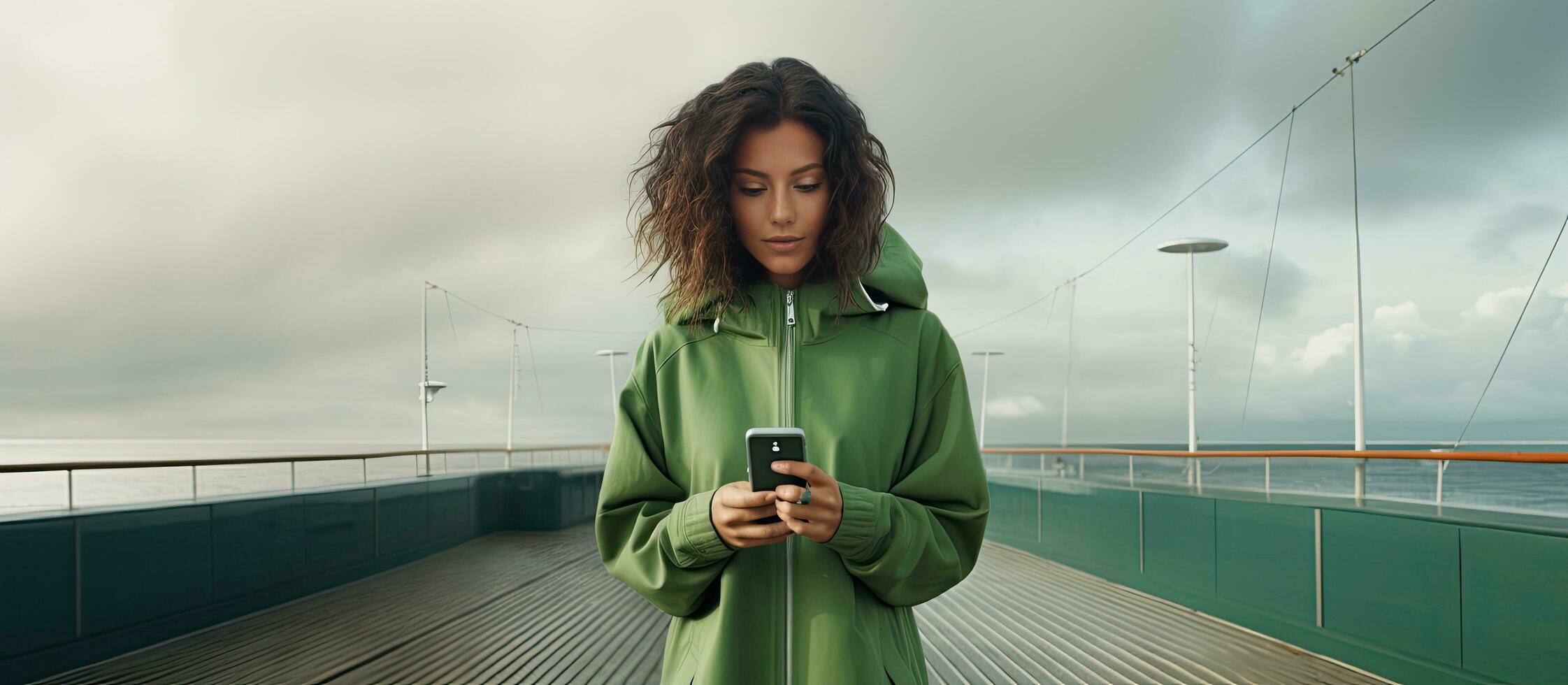 A young Latin woman in a green jacket a content creator is on the pier reviewing her video with a digital camera on a cloudy day highlighting technology a photo