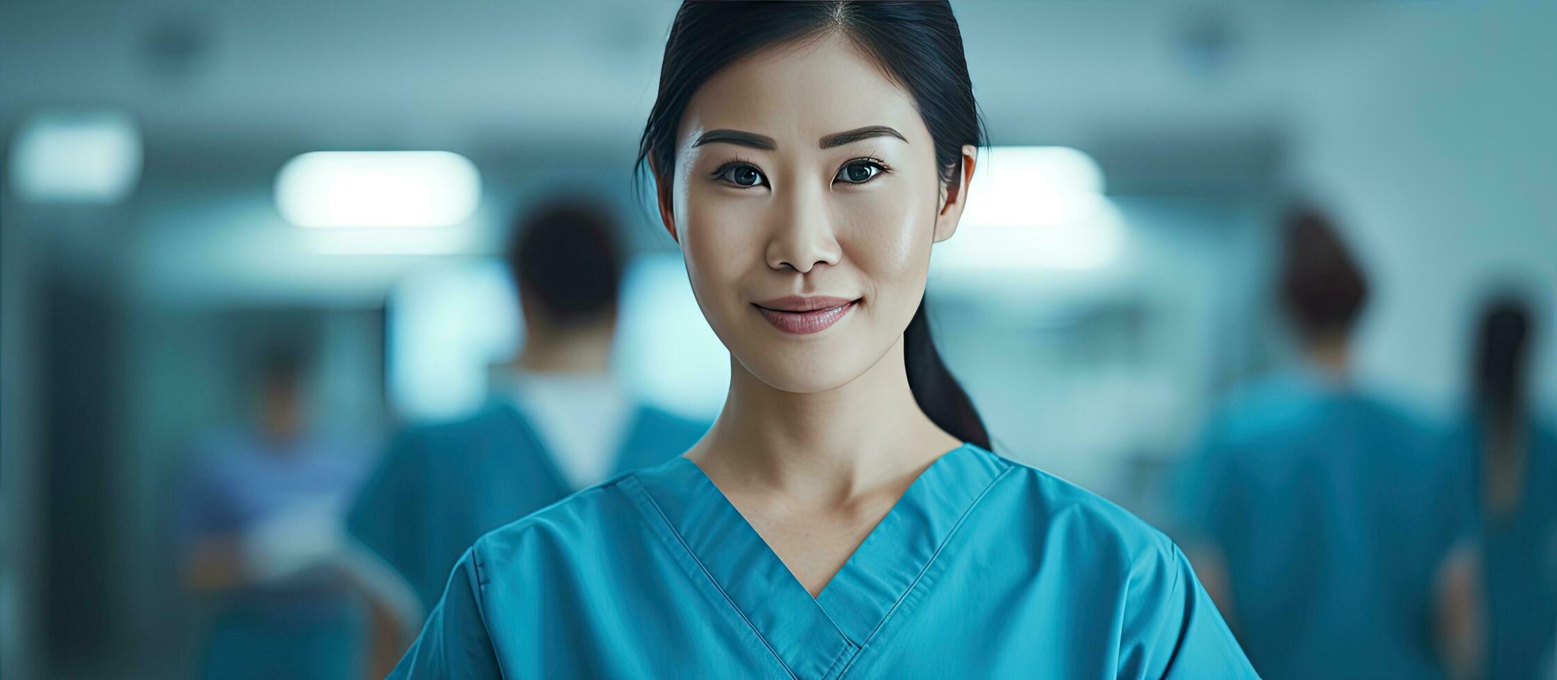 hembra tailandés cirujano en azul uniforme con estetoscopio en pie inteligentemente en operando habitación sonriente a el cámara con un simpático comportamiento con Copiar espacio ava foto