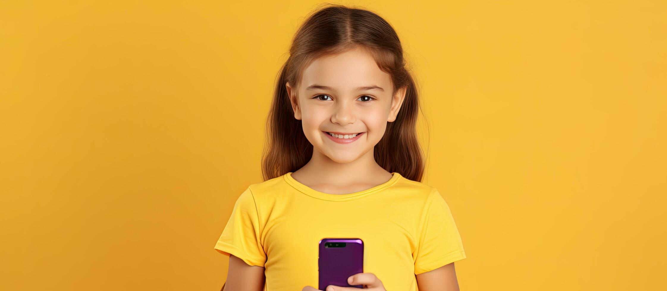 Caucasian girl in violet T shirt on yellow background holds empty mobile phone photo