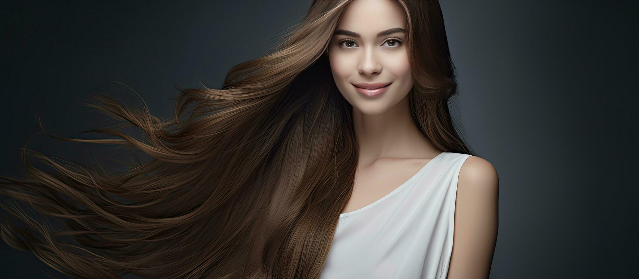 Beautiful woman with long hair in nightgown elegantly posing on gray background looking at camera Hair care concept empty area photo