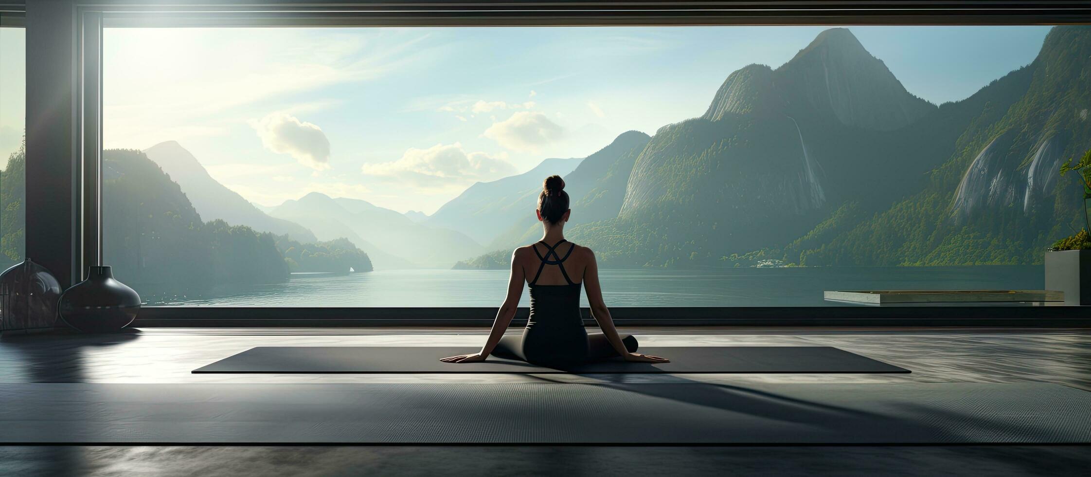 A woman in a yoga studio doing cobra pose on a mat by a large window photo