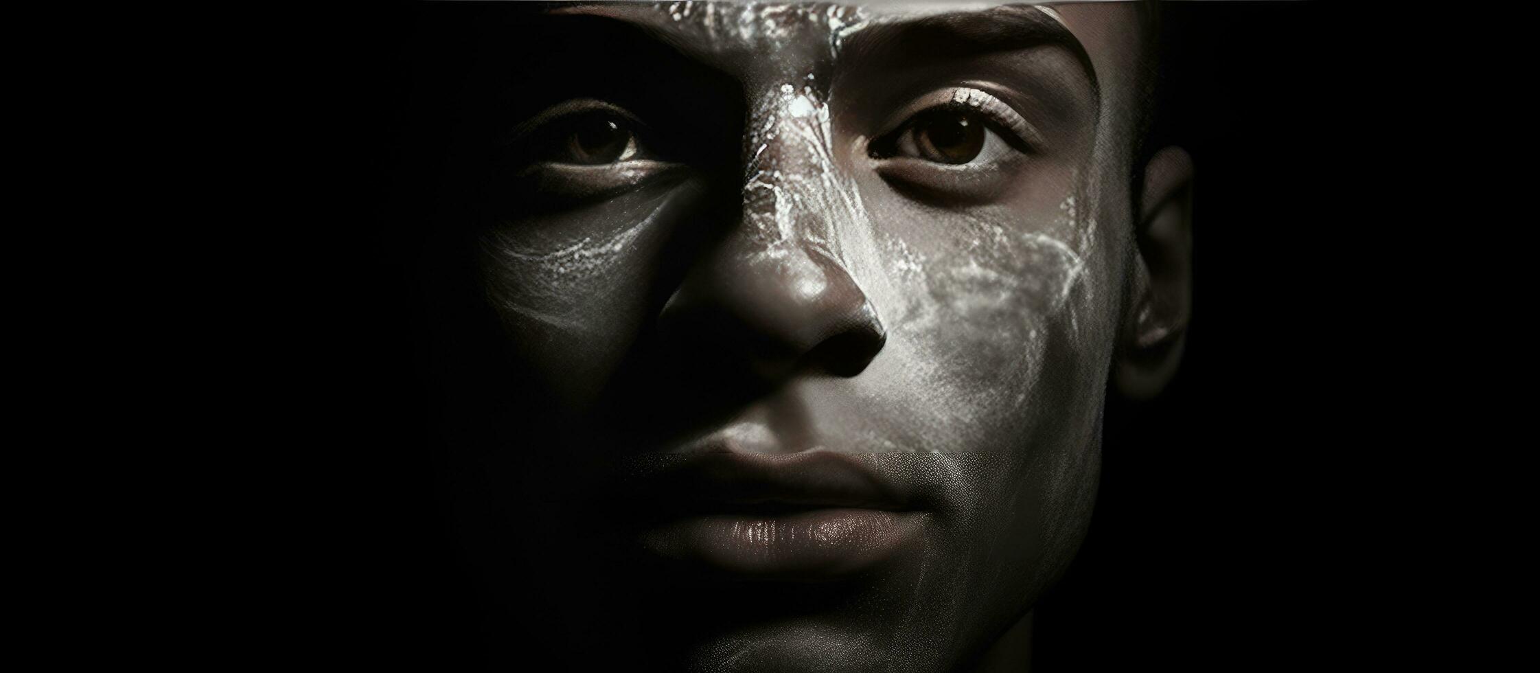 Closeup black and white portrait of a man with acne scars isolated on a black background photo