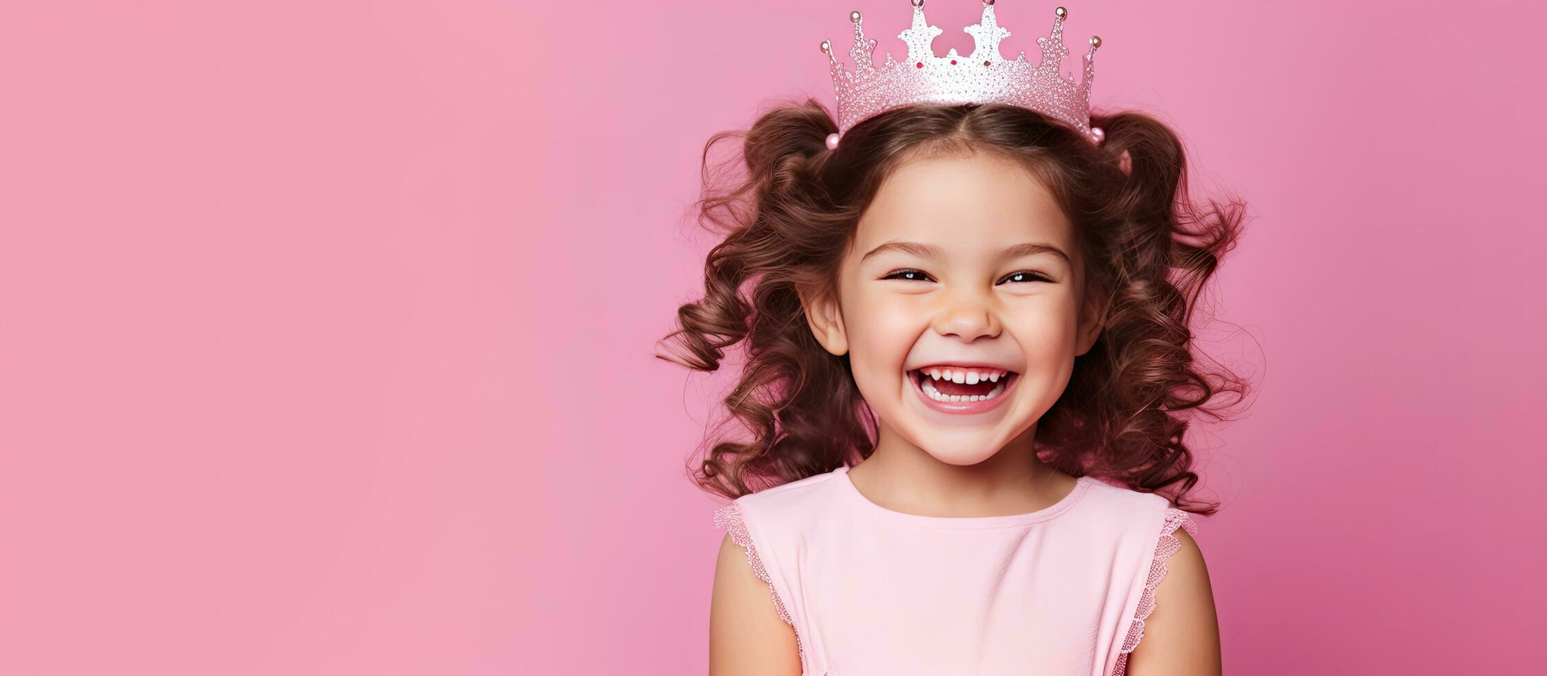 Little girl in pink princess dress posing on pink background Happy Birthday concept Copy space photo