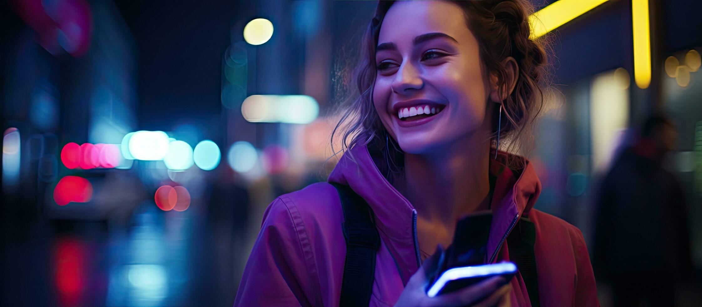 Glowing portrait of young woman on smartphone at night in city full of neon lights photo