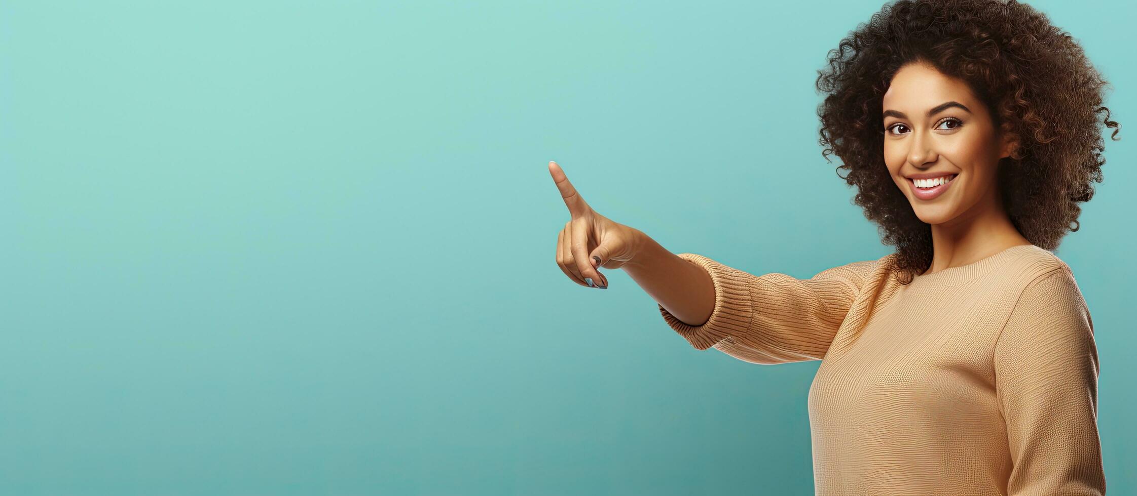 Smiling woman showcasing an object with palm photo