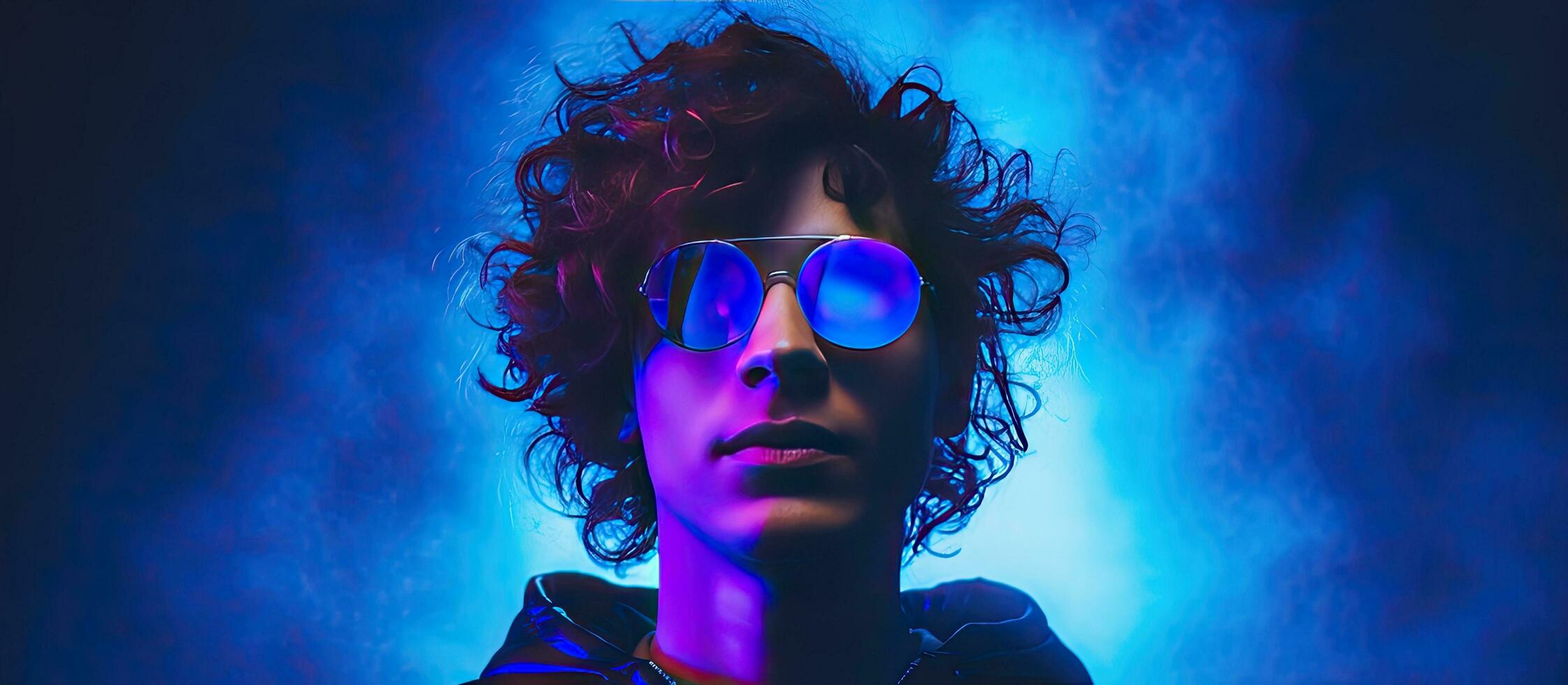 Close up portrait of a stylish young man in black attire sporting glasses and curly hair against a blue background adorned with mixed neon lights embodyin photo