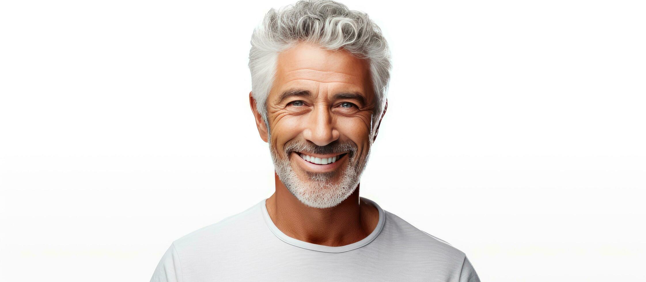 Smiling older man with gray hair isolated on white background photo