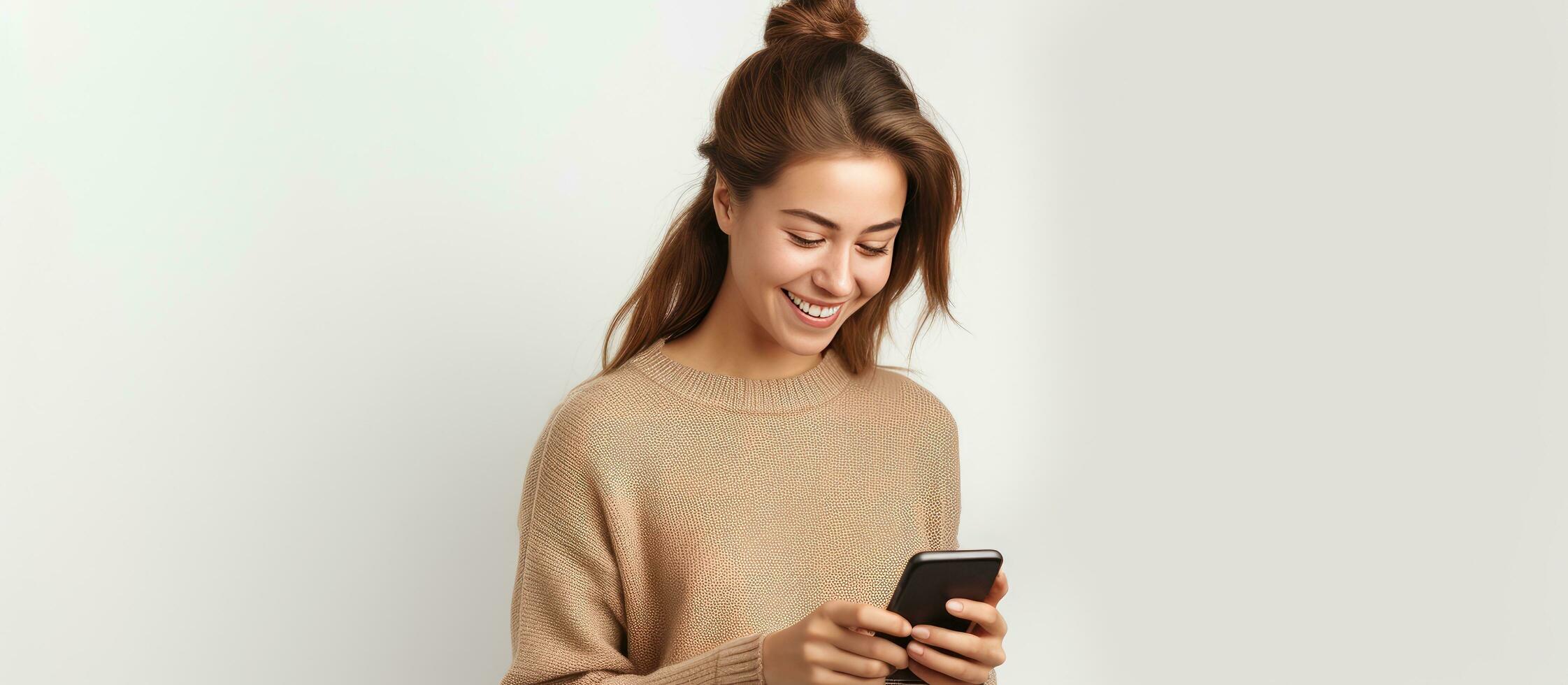 Happy college student with brown hair using smartphone white background photo