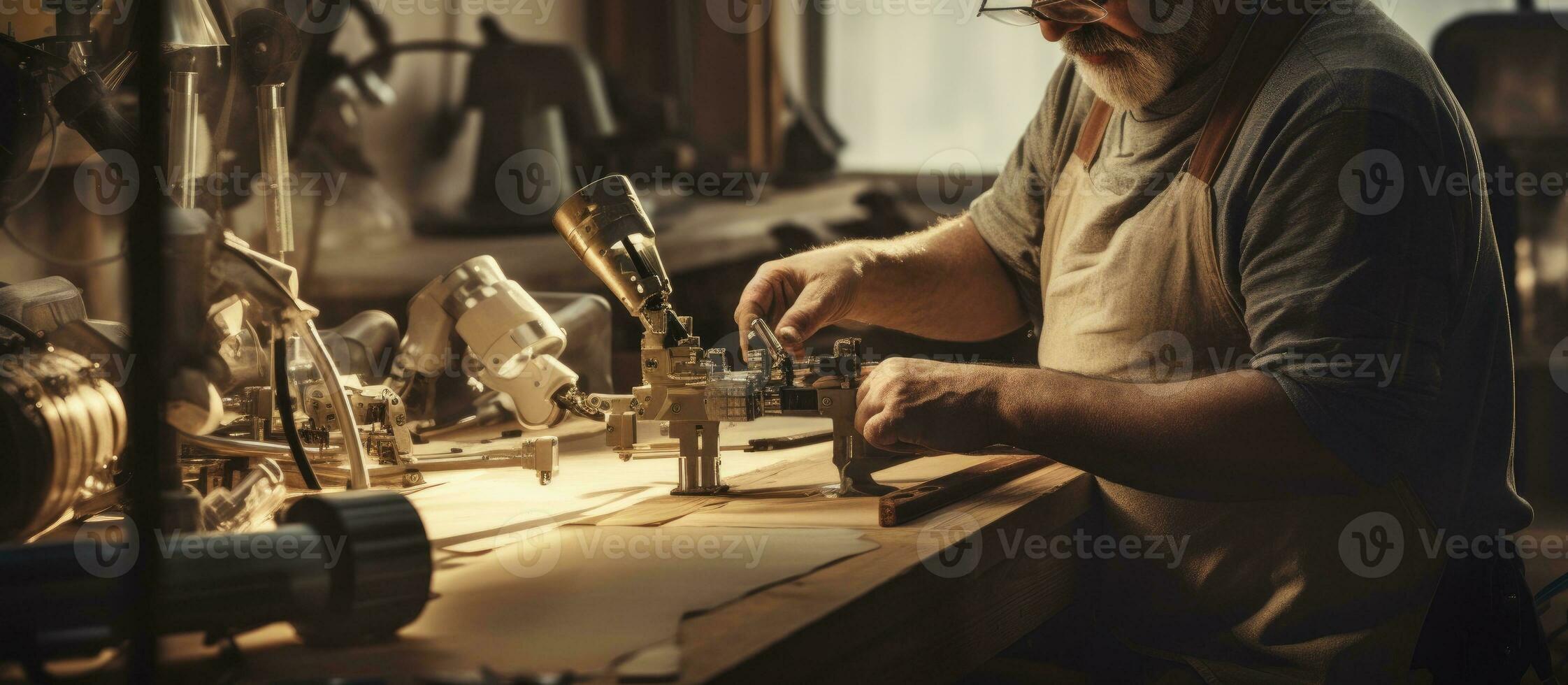 Senior man building leg prosthetics in workshop focusing on joints mechanism photo