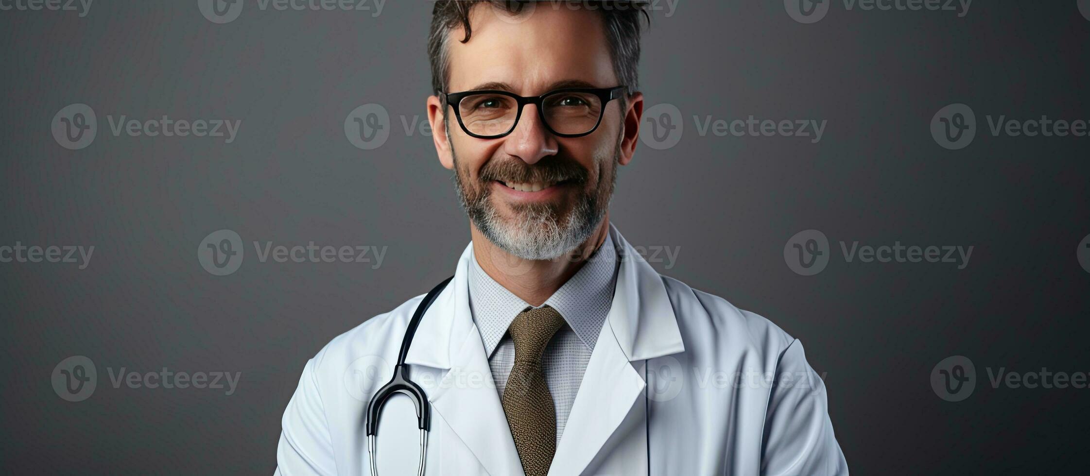 Male doctor with a stethoscope smiling at the camera wearing a white coat and glasses posing on a gray isolated background photo