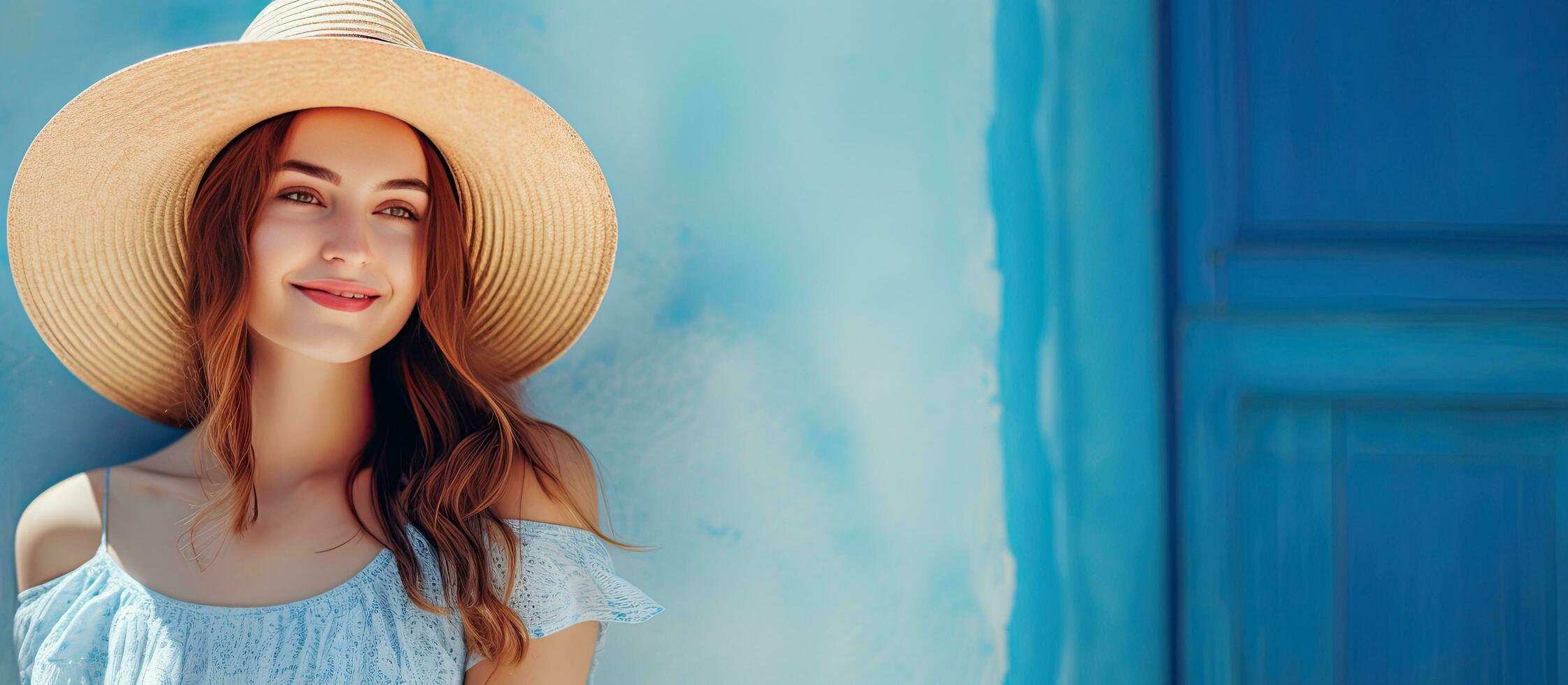 A woman in a summer dress holds a straw hat and smiles at the camera against a blue city wall with summer sun rays photo