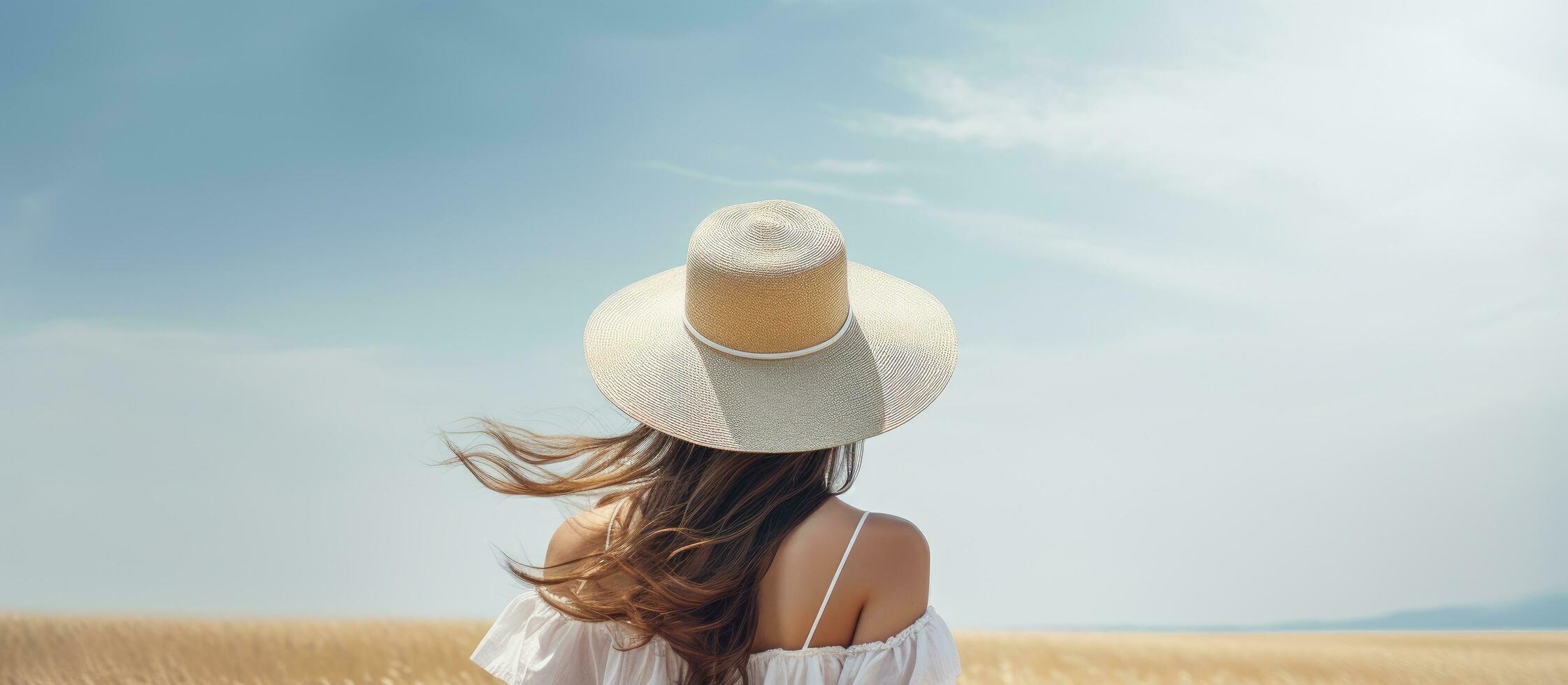 Happy woman in white shirt and summer hat looking at sky in back view photo with ample copy space